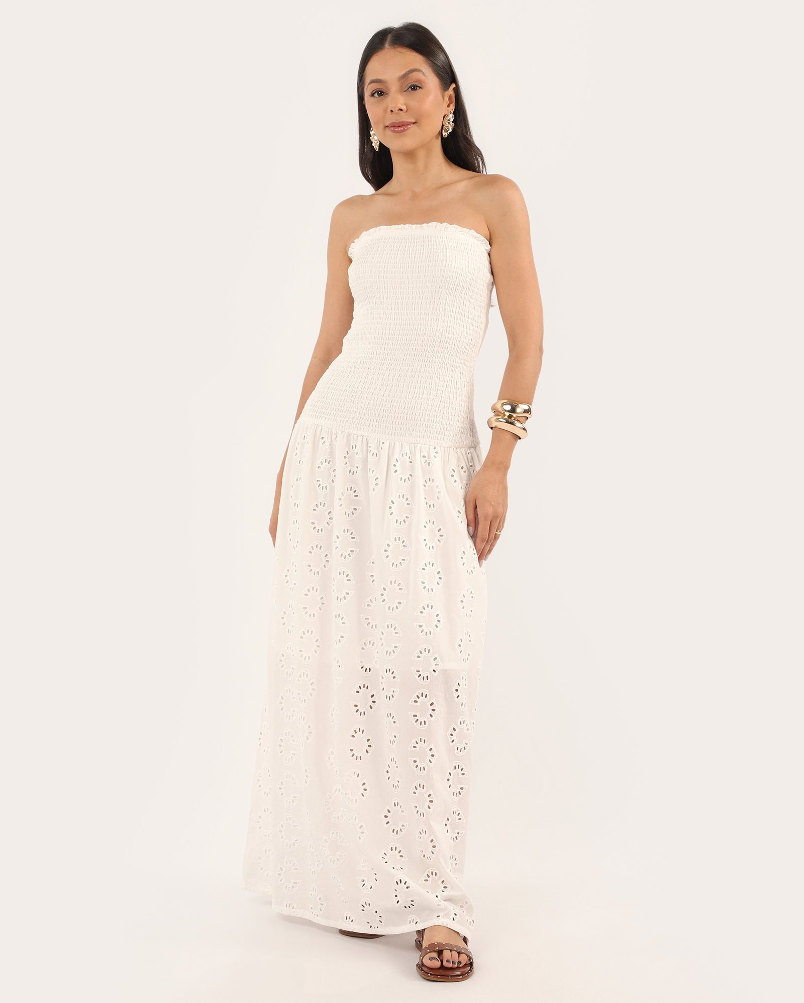 Vestido longo em viscolinho com laise - branco