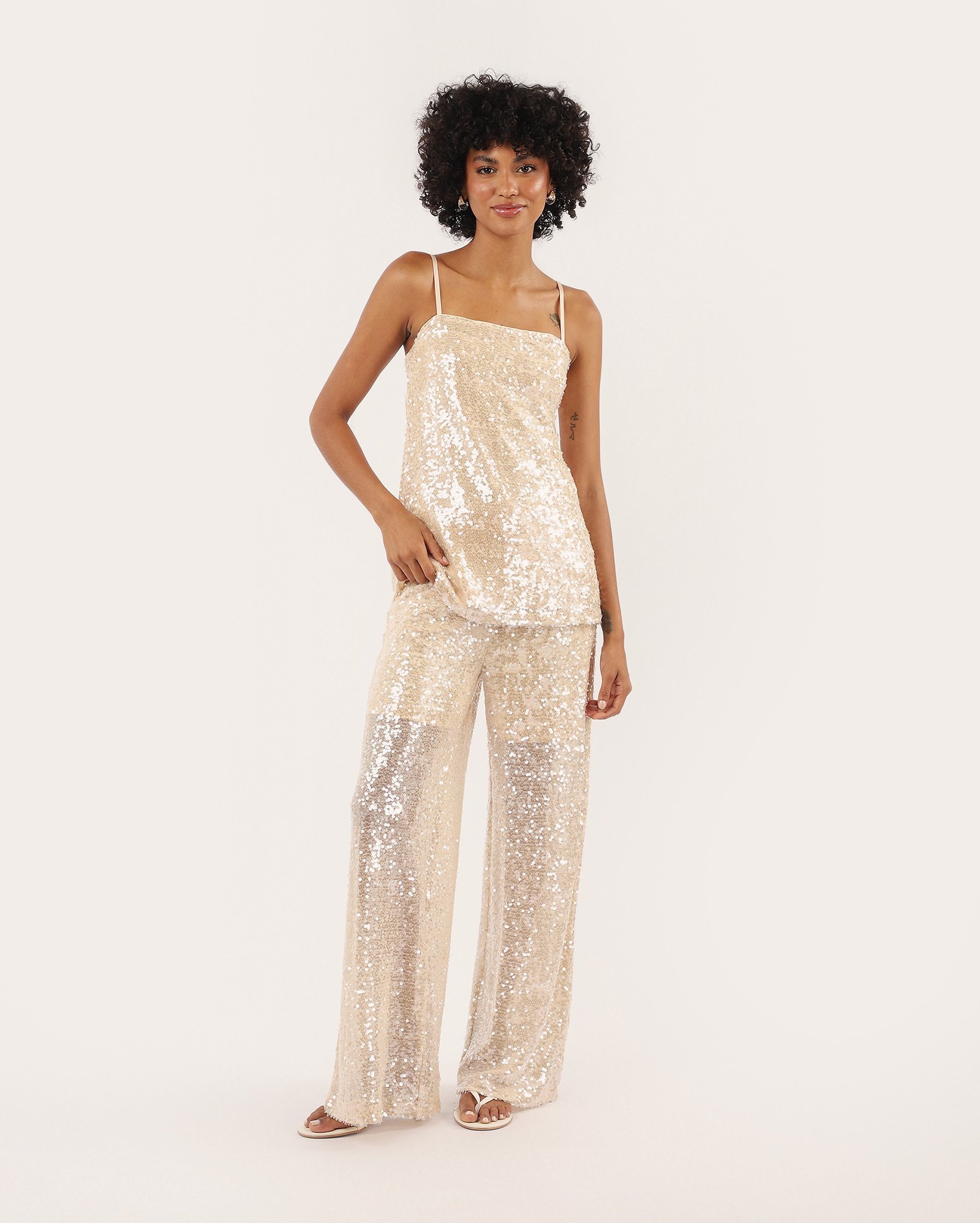 Calça feminina wide leg com paetê - bege