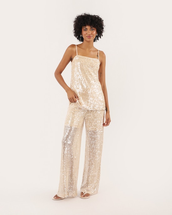 Calça feminina wide leg com paetê