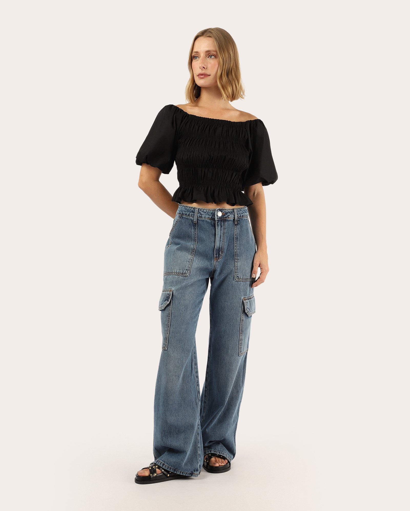Calça jeans feminina wide leg cargo - denim escuro | Pool Jeans