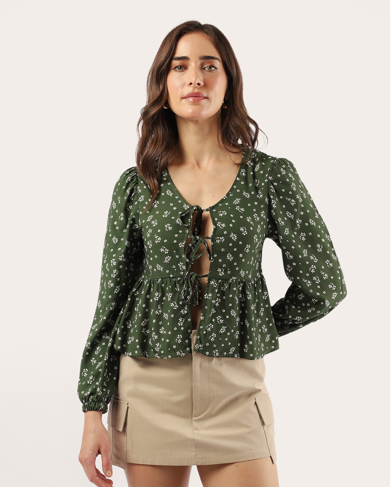 Bata feminina ampla com laços floral - verde