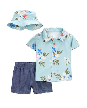 Conjunto curto bebê 3 peças floral jeans com bucket hat multicor | Carter's