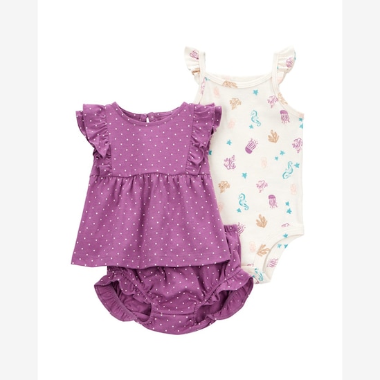 Conjunto curto bebê 3 peças babados poá fundo do mar multicor | Carter's