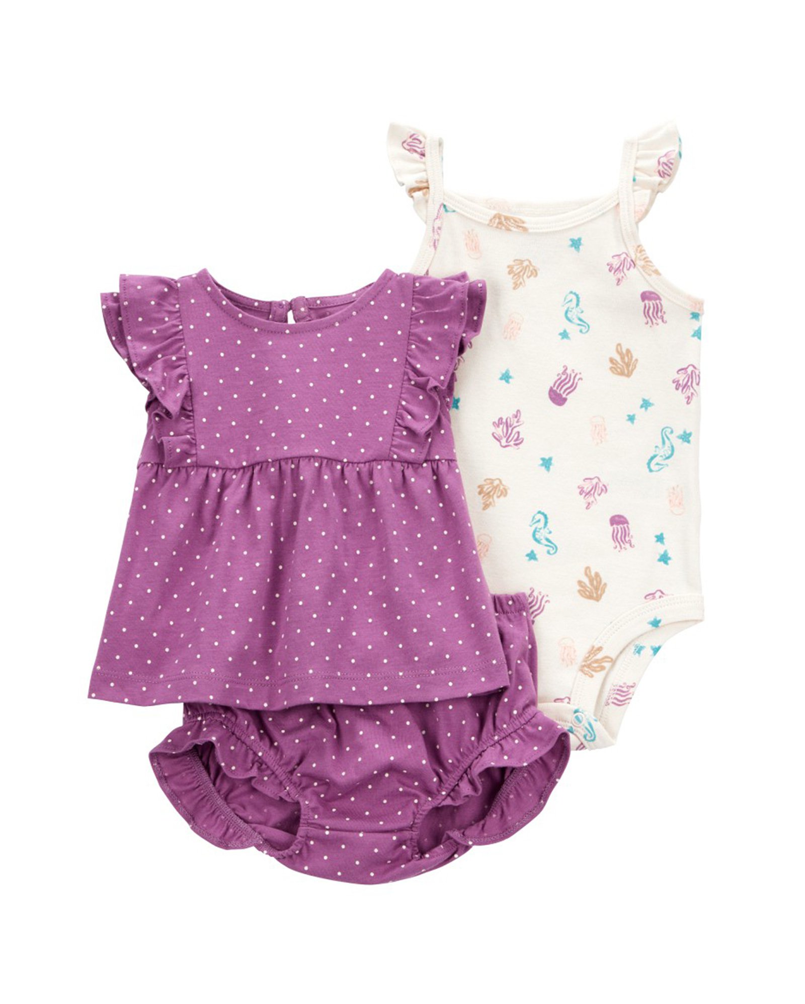 Conjunto curto bebê 3 peças babados poá fundo do mar multicor | Carter's