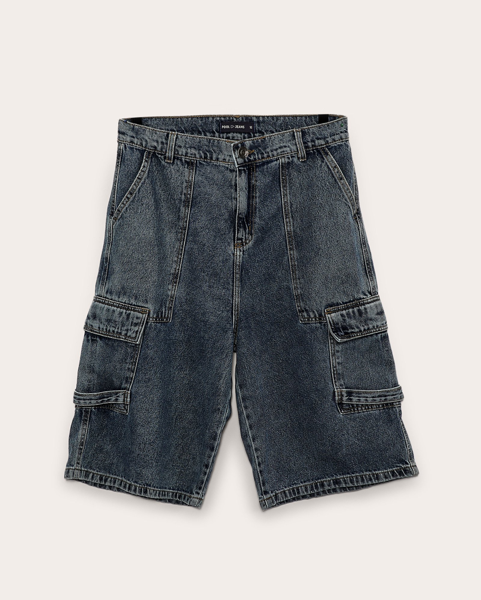 Bermuda jeans juvenil skater com bolsos cargo denim médio | Pool