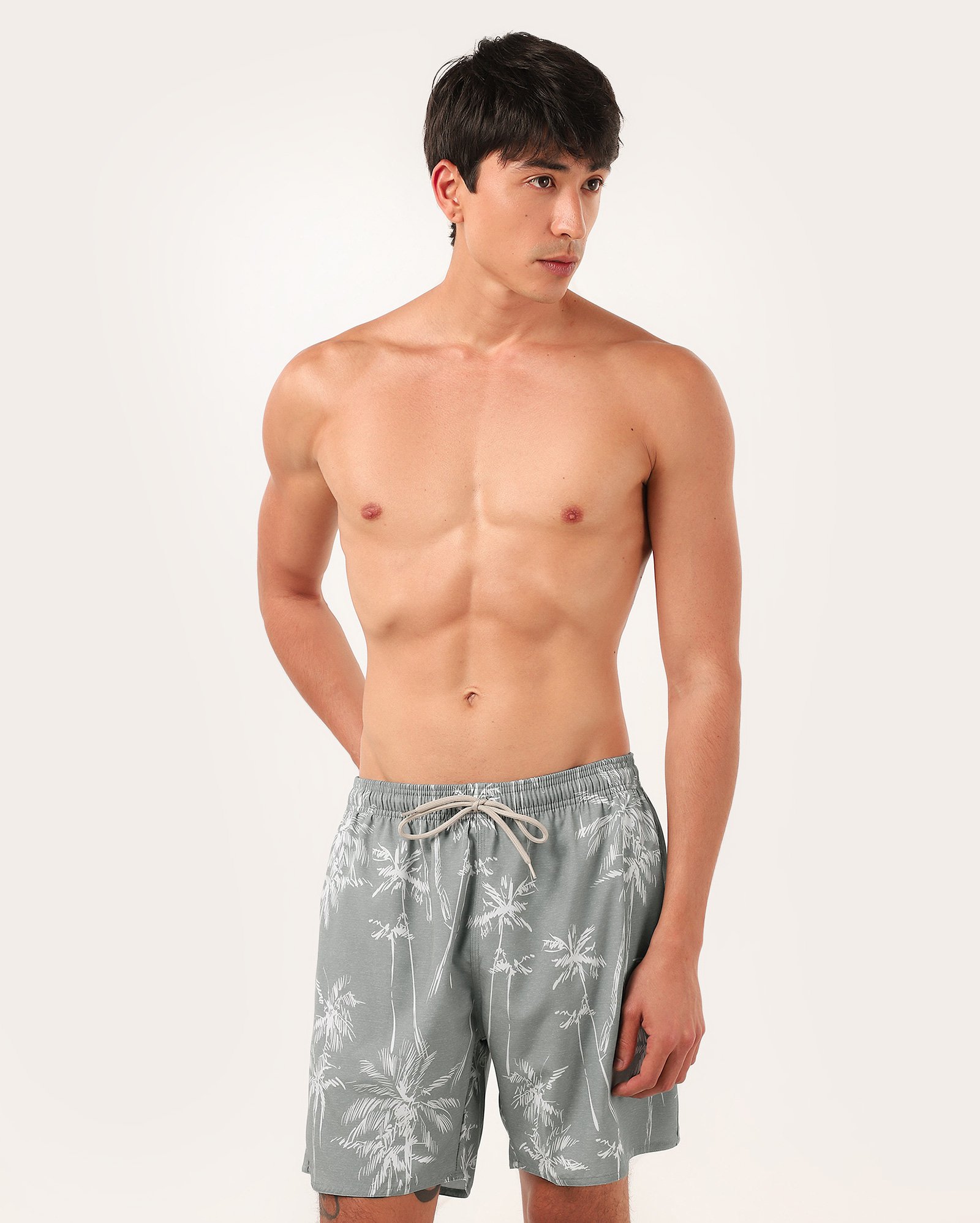 Short água masculino cós de elástico coqueiros mescla cinza | Pool