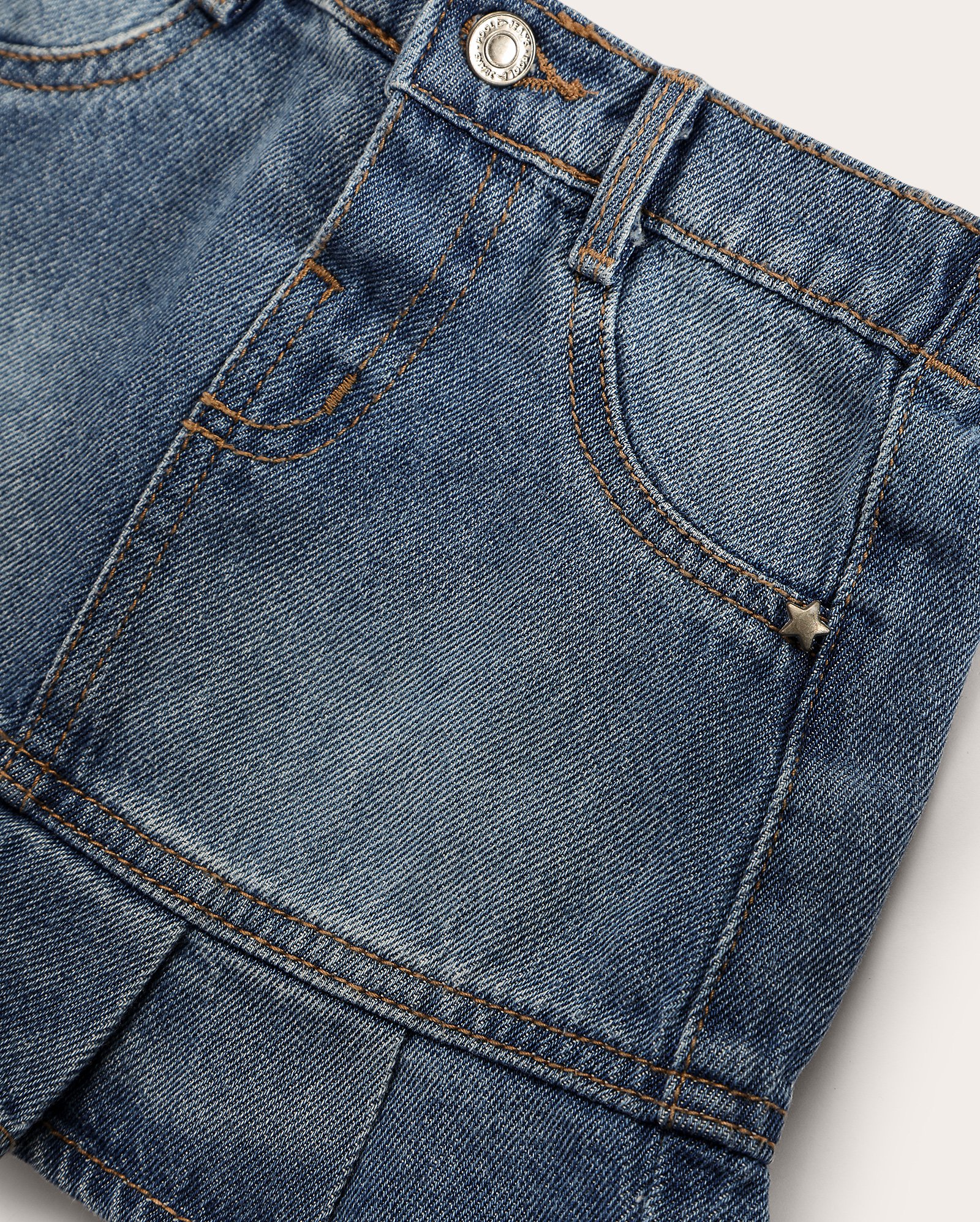 Saia jeans infantil com pregas + calcinha 1-4A denim médio