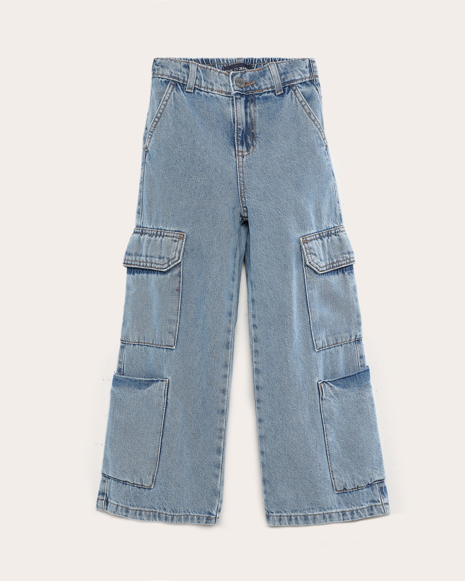 Calça jeans juvenil wide leg bolsos cargo 4-10A - denim médio