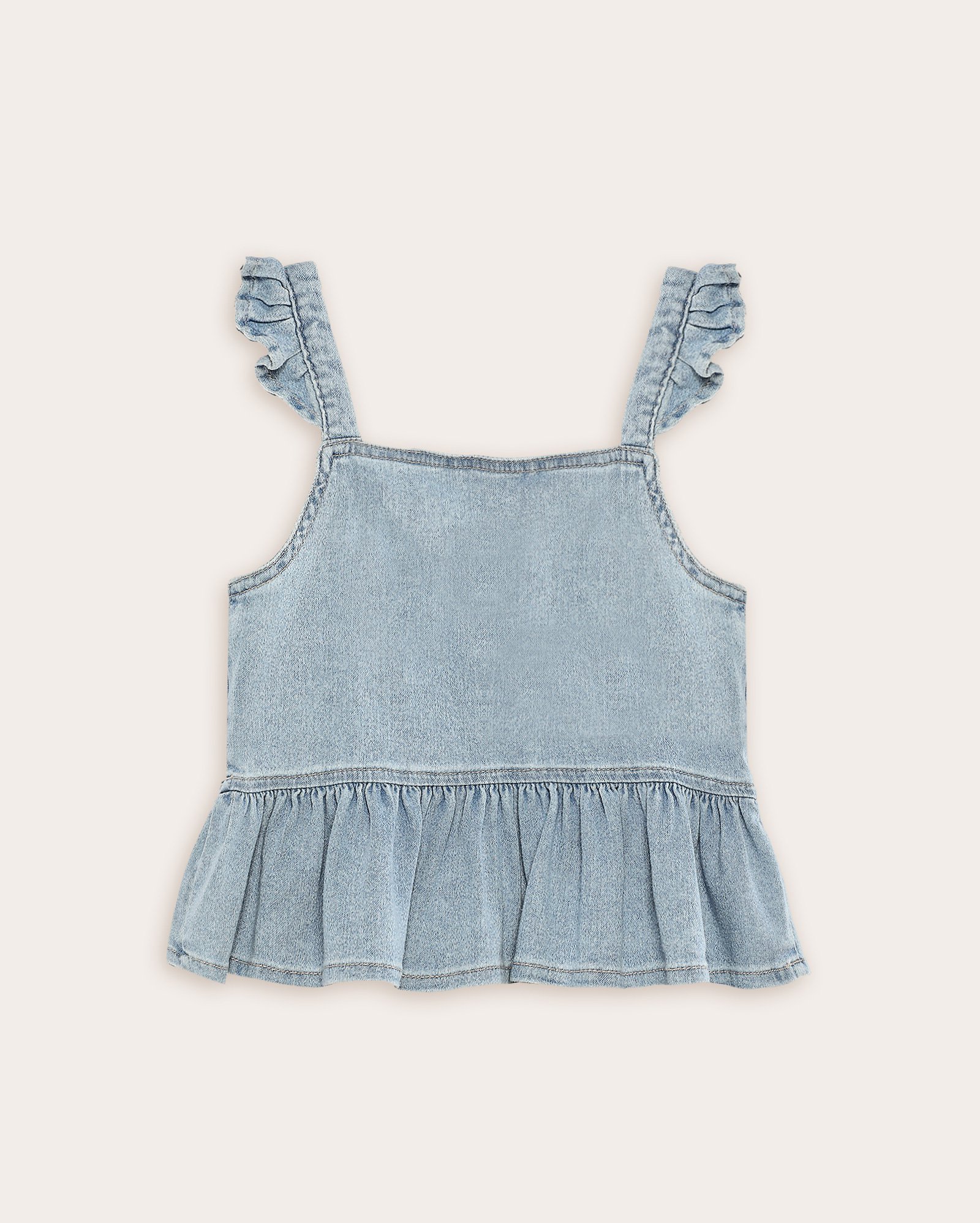 Bata jeans infantil com babados 4-10A - denim claro