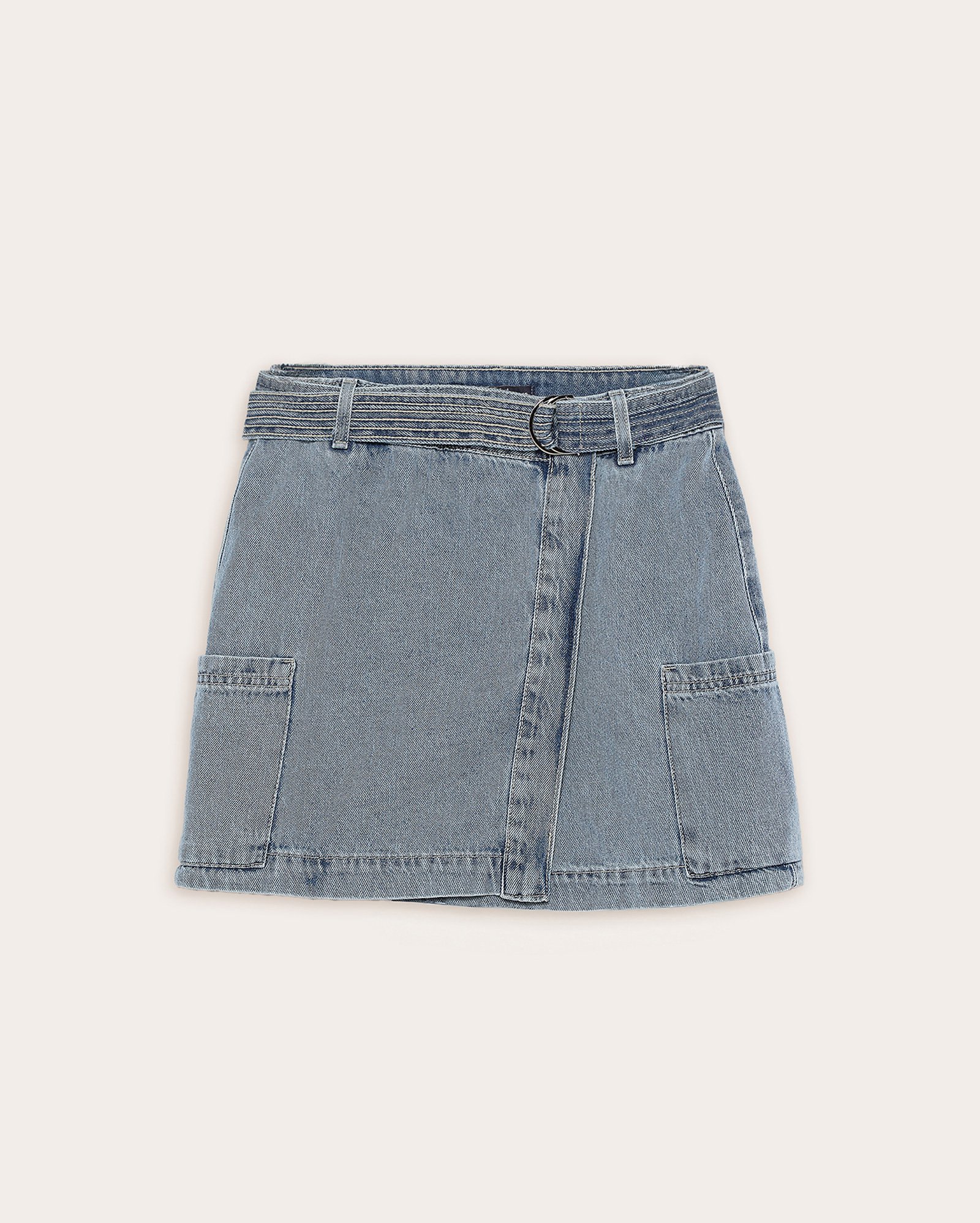 Saia jeans juvenil transpassada com cinto denim médio | Pool