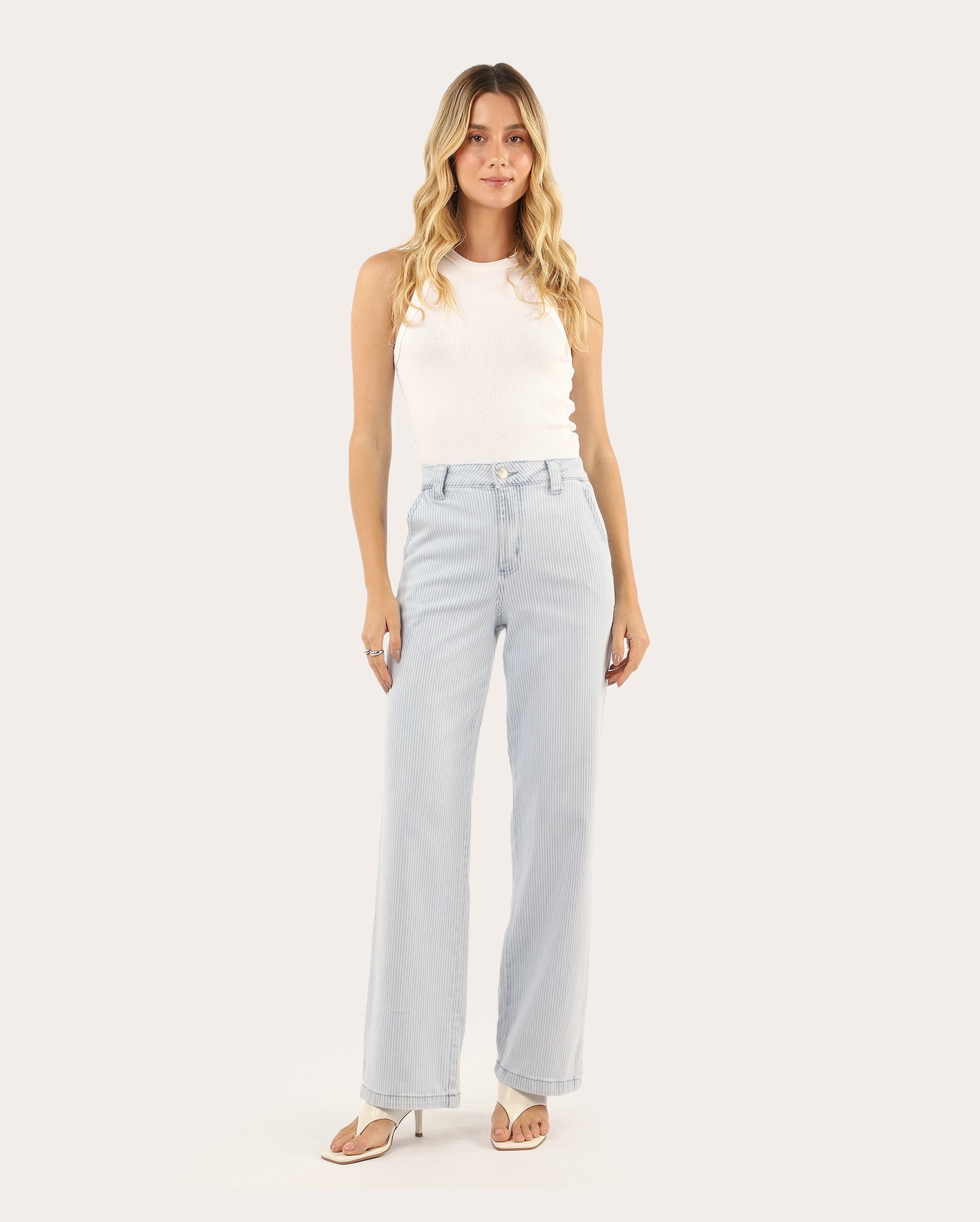 Calça sarja feminina wide leg listrada - branca | Pool Jeans