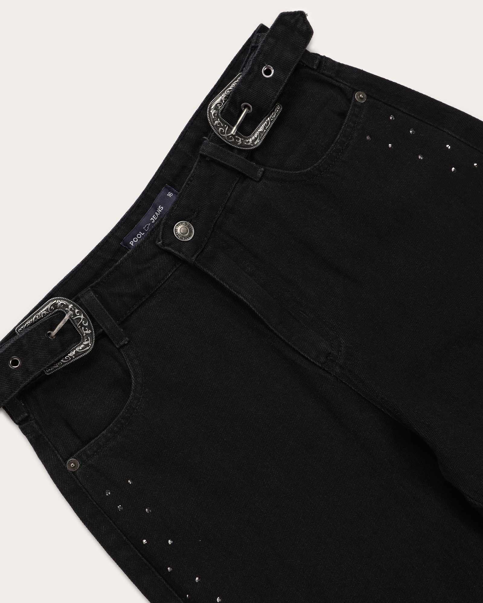 Calça black jeans juvenil wide leg com fivelas e strass