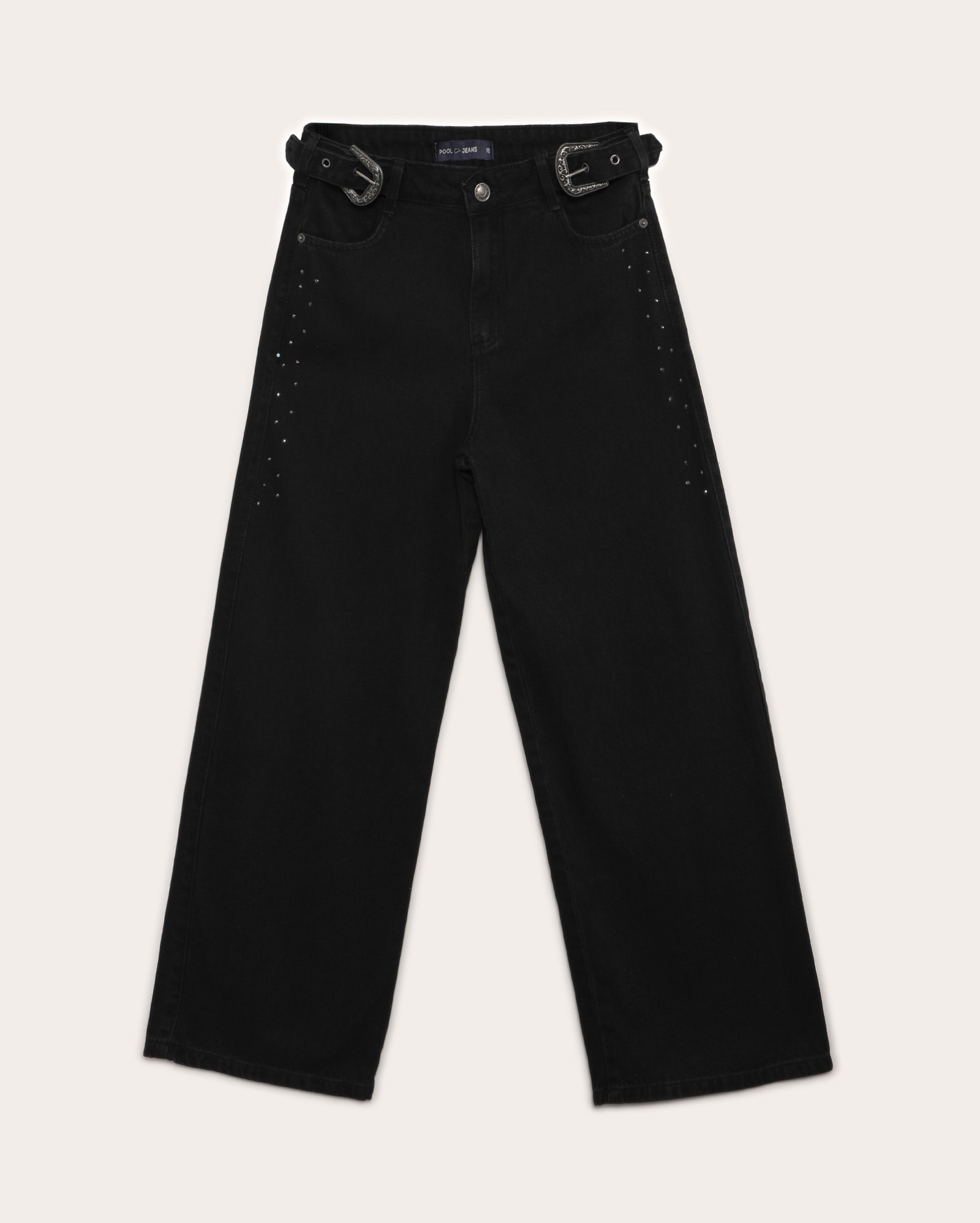 Calça black jeans juvenil wide leg com fivelas e strass