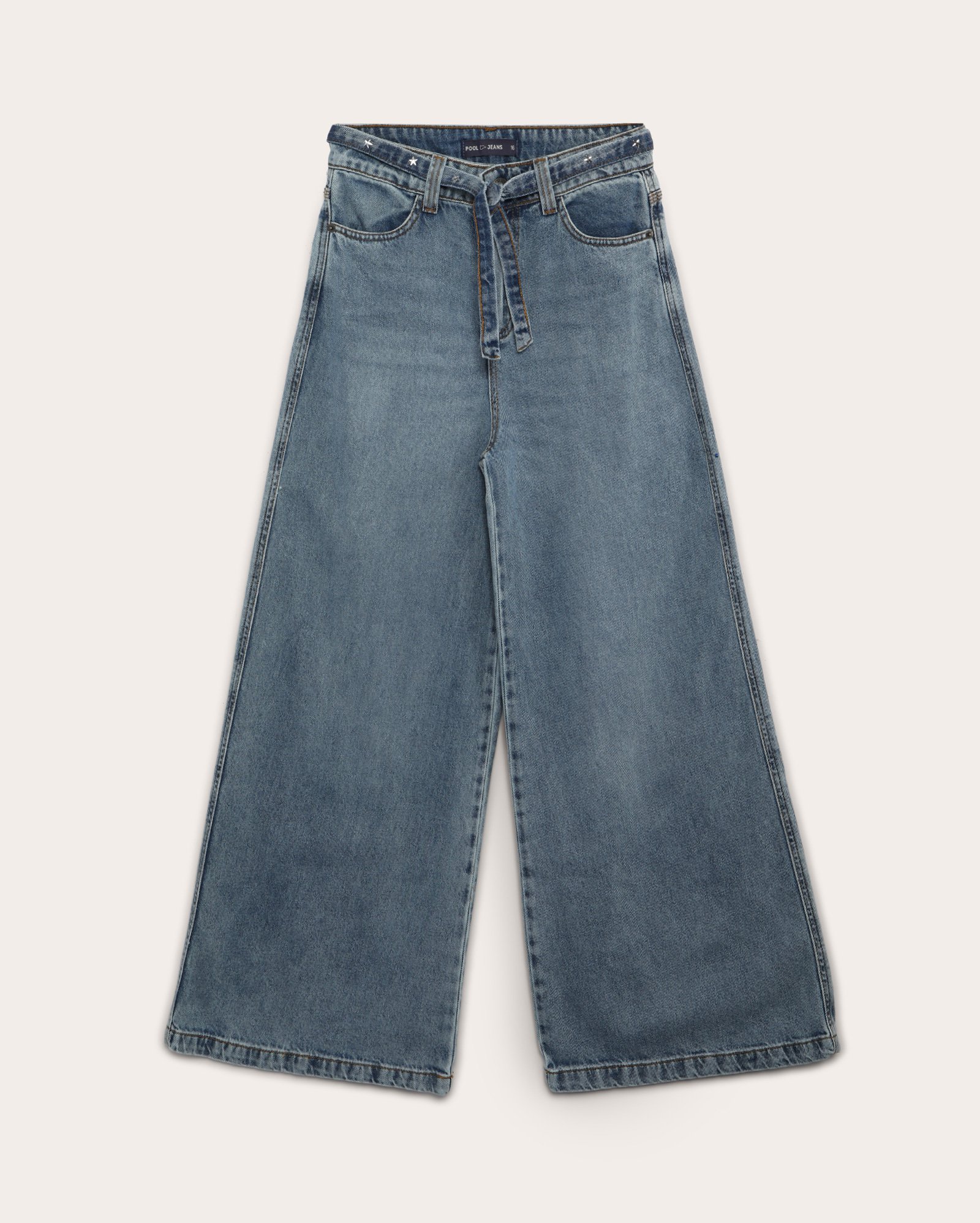 Calça jeans juvenil wide leg com cinto estrelinhas denim médio