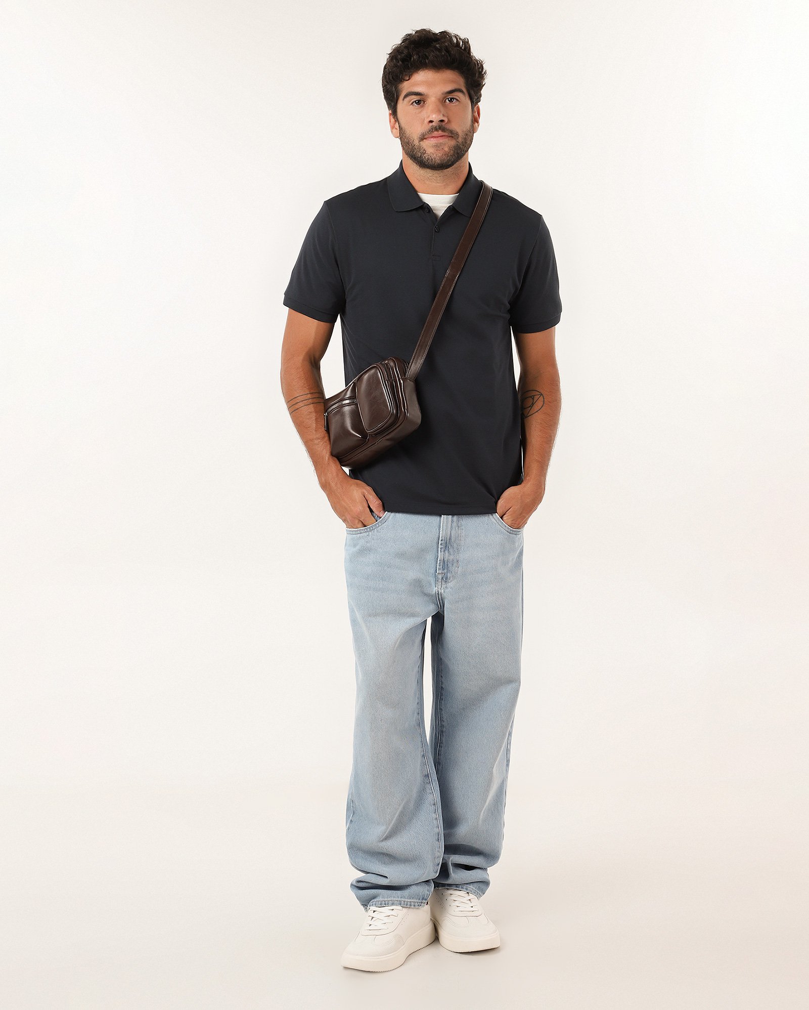 Camisa polo masculina regular algodão peruano - Azul Escuro