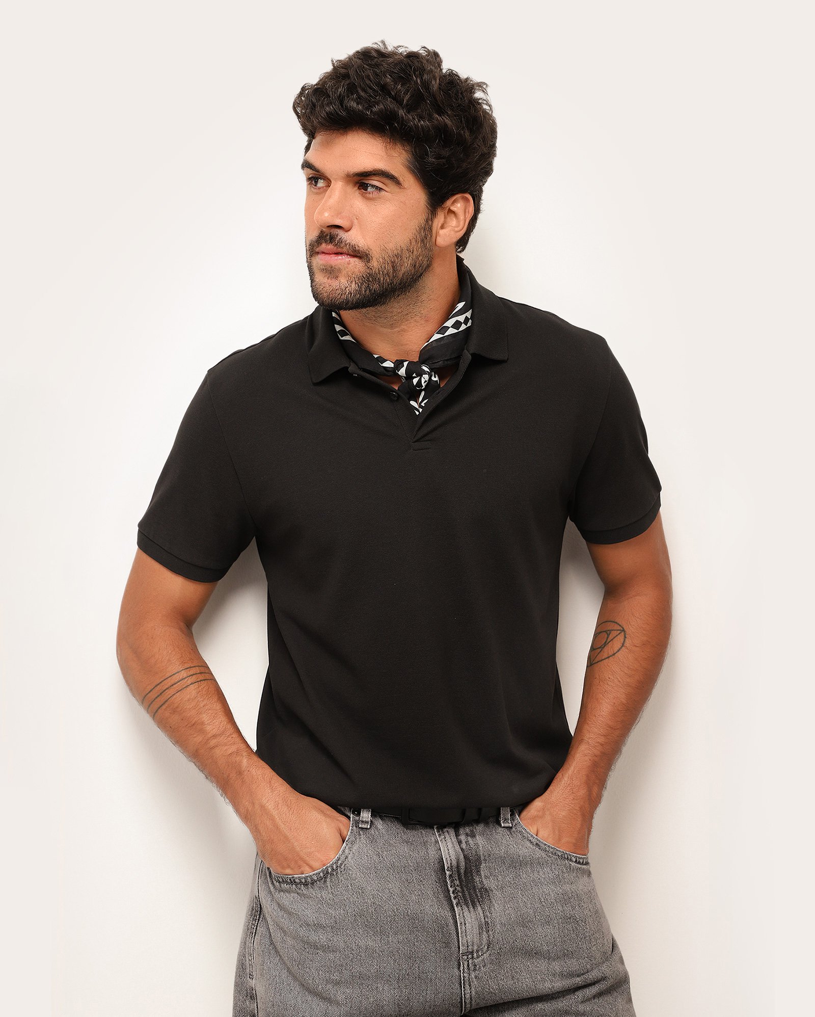 Camisa polo masculina regular algodão peruano - Preto