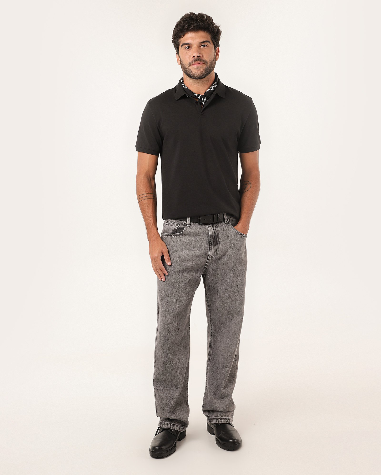 Camisa polo masculina regular algodão peruano - Preto