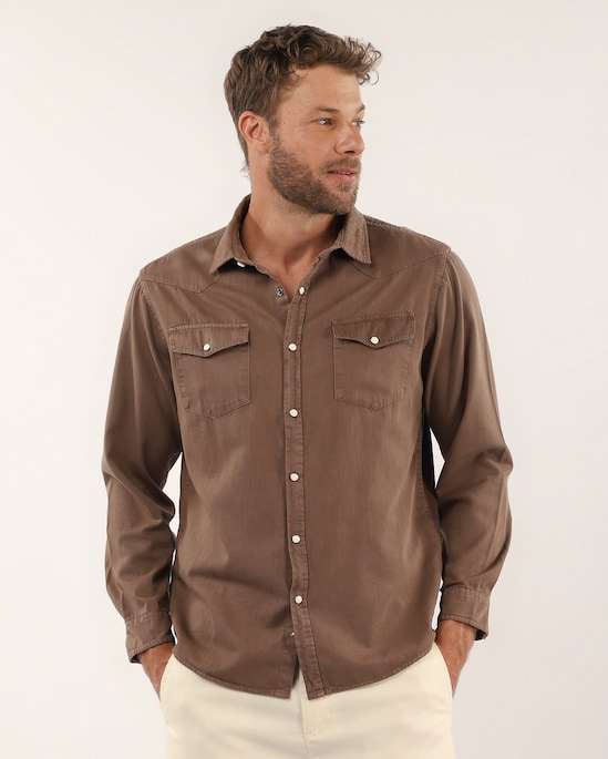 Camisa sarja masculina regular bolsos - Marrom | Pool Jeans