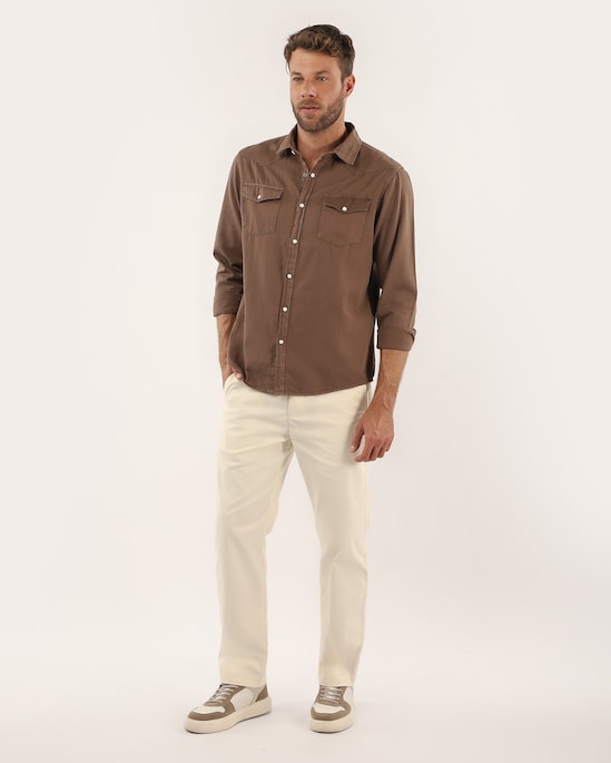 Camisa sarja masculina regular bolsos - Marrom | Pool Jeans