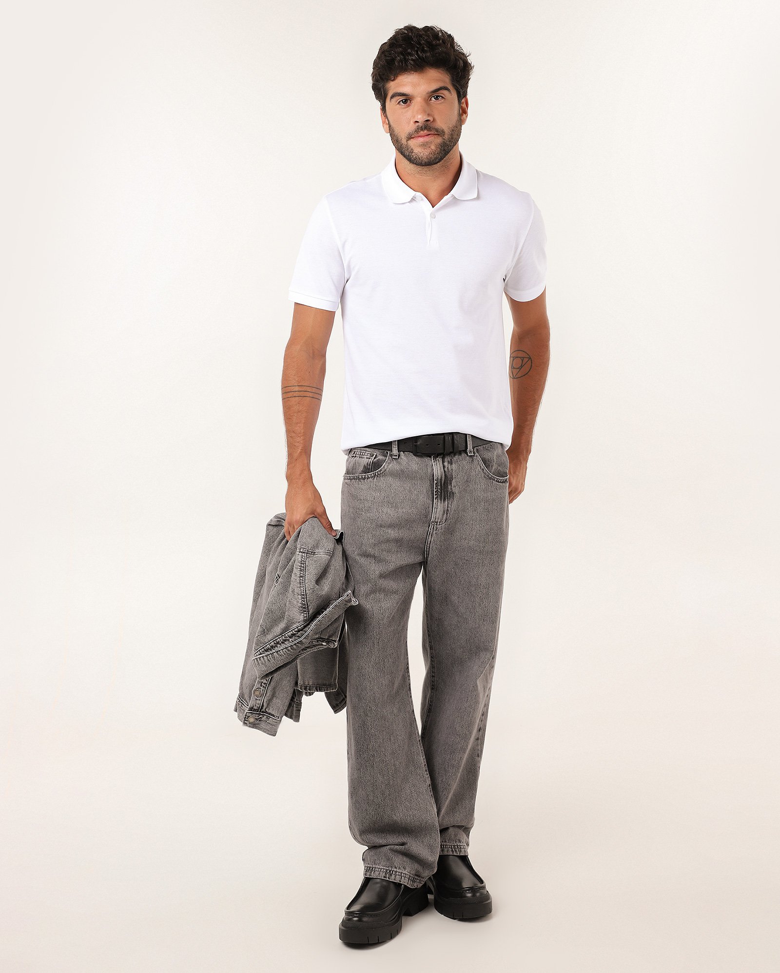 Camisa polo masculina regular algodão peruano - Branco