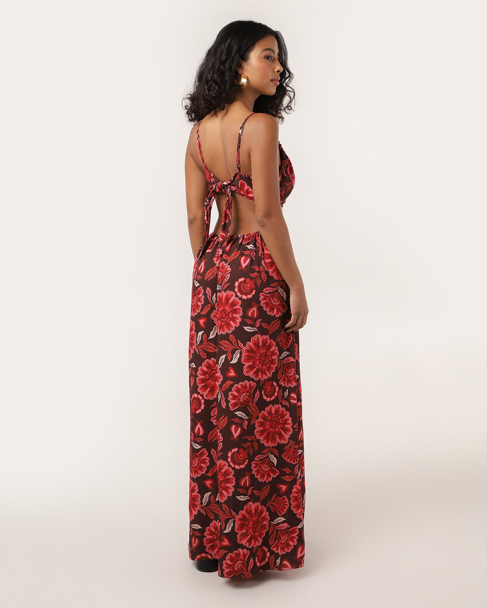 Vestido longo reto cut out amarração floral marrom | Pool