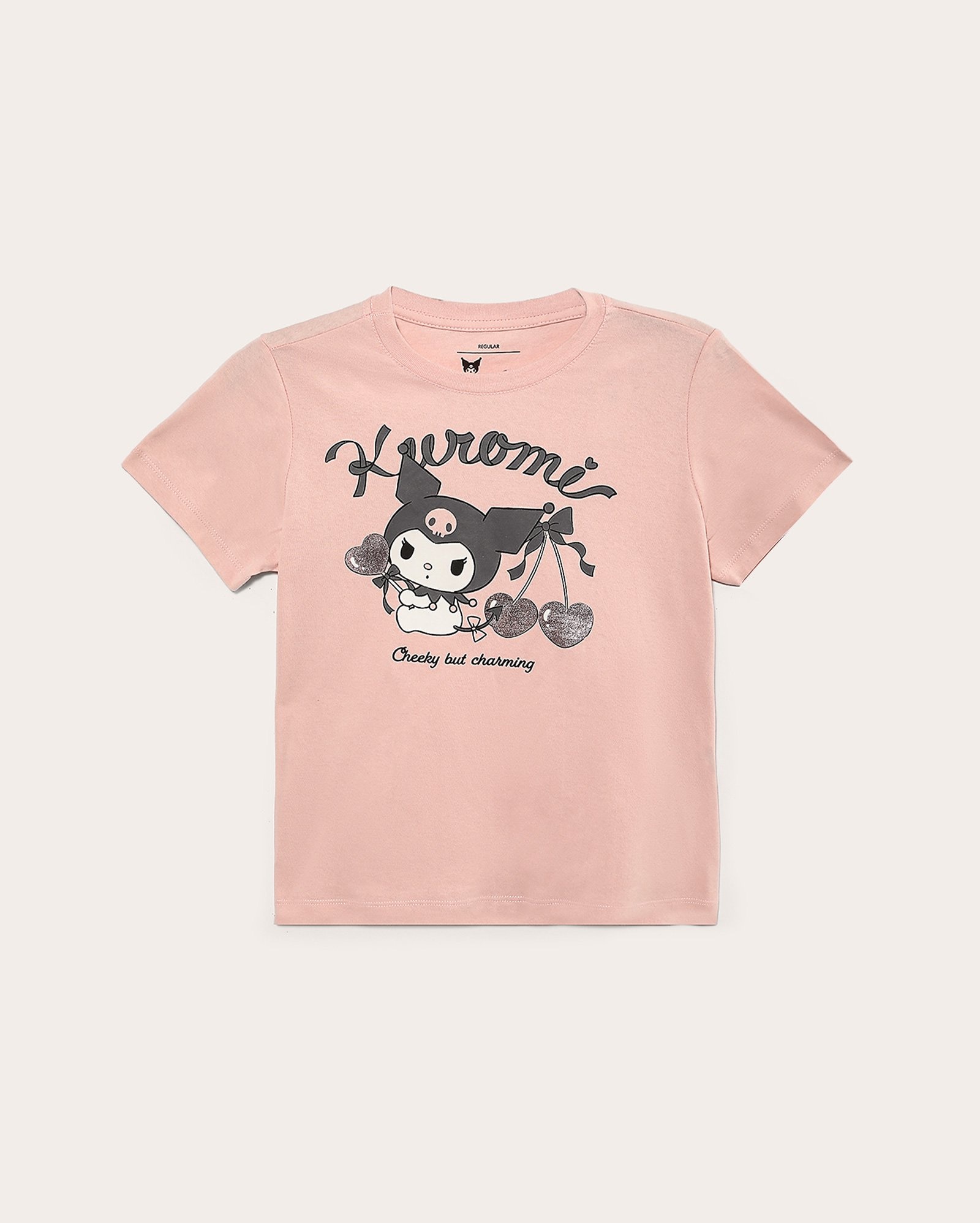 Camiseta juvenil regular Kuromi com brilho rosa | Sanrio
