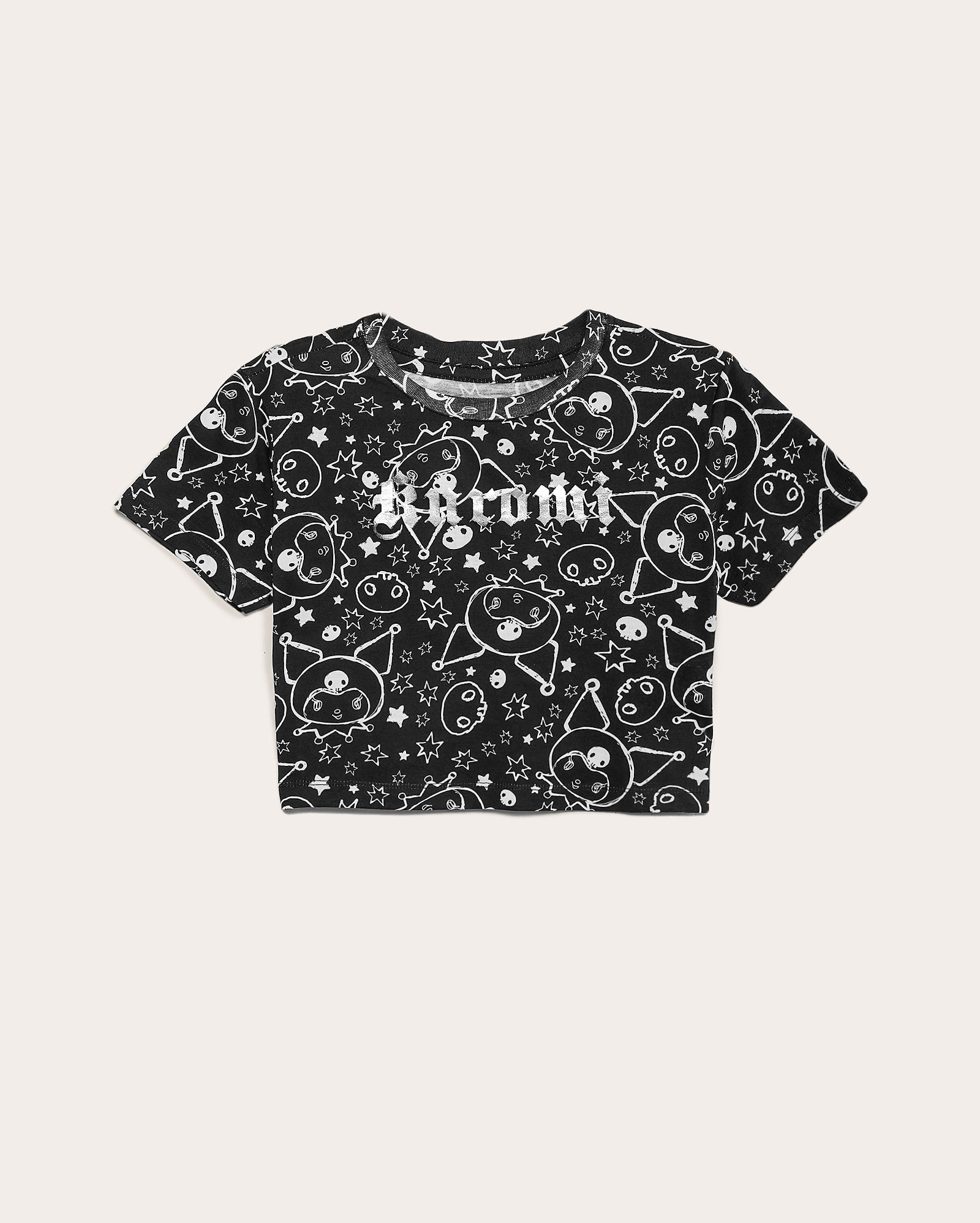 Camiseta cropped juvenil Kuromi metalizada preta | Sanrio