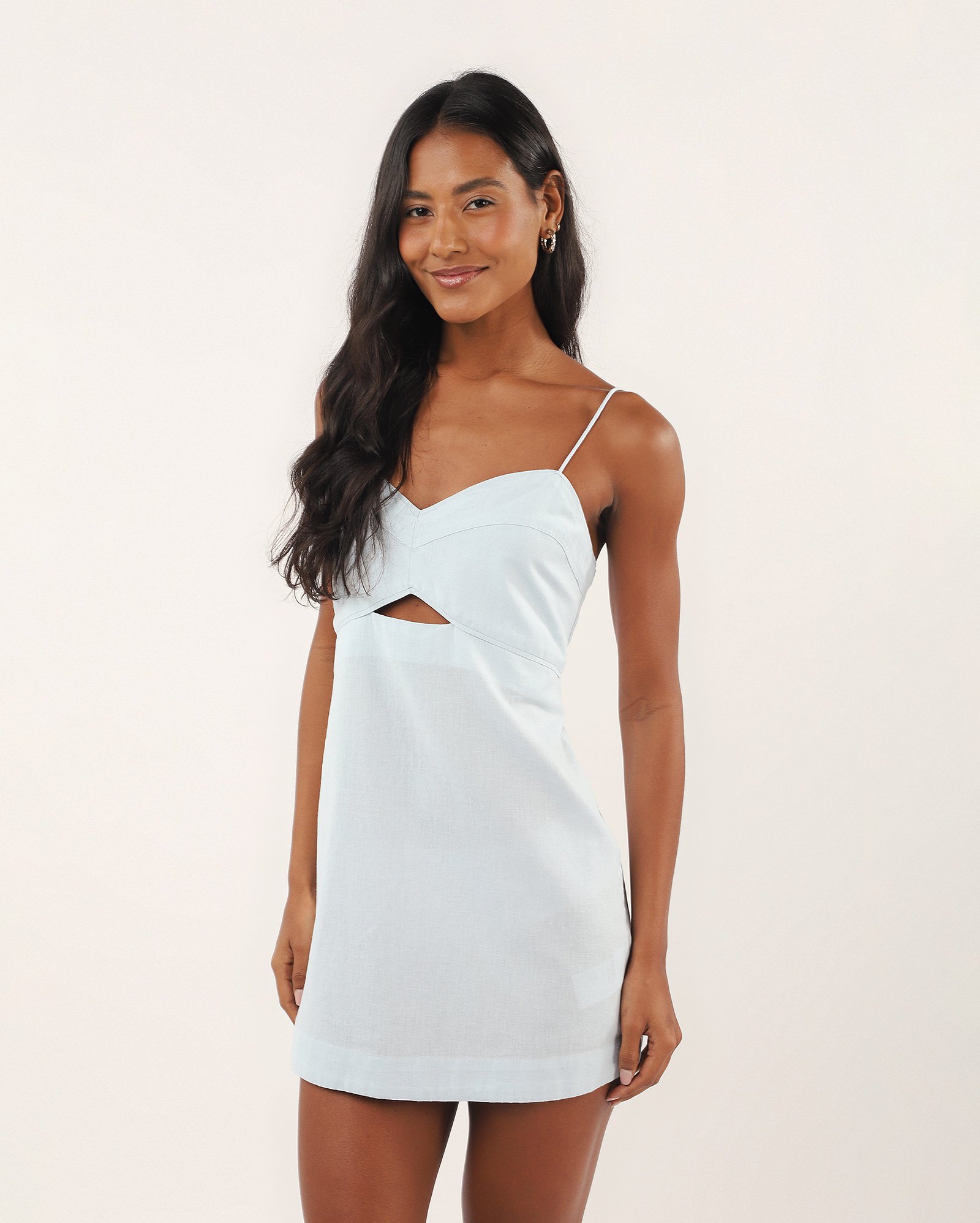 Vestido curto Ana clara com linho decote coração - azul