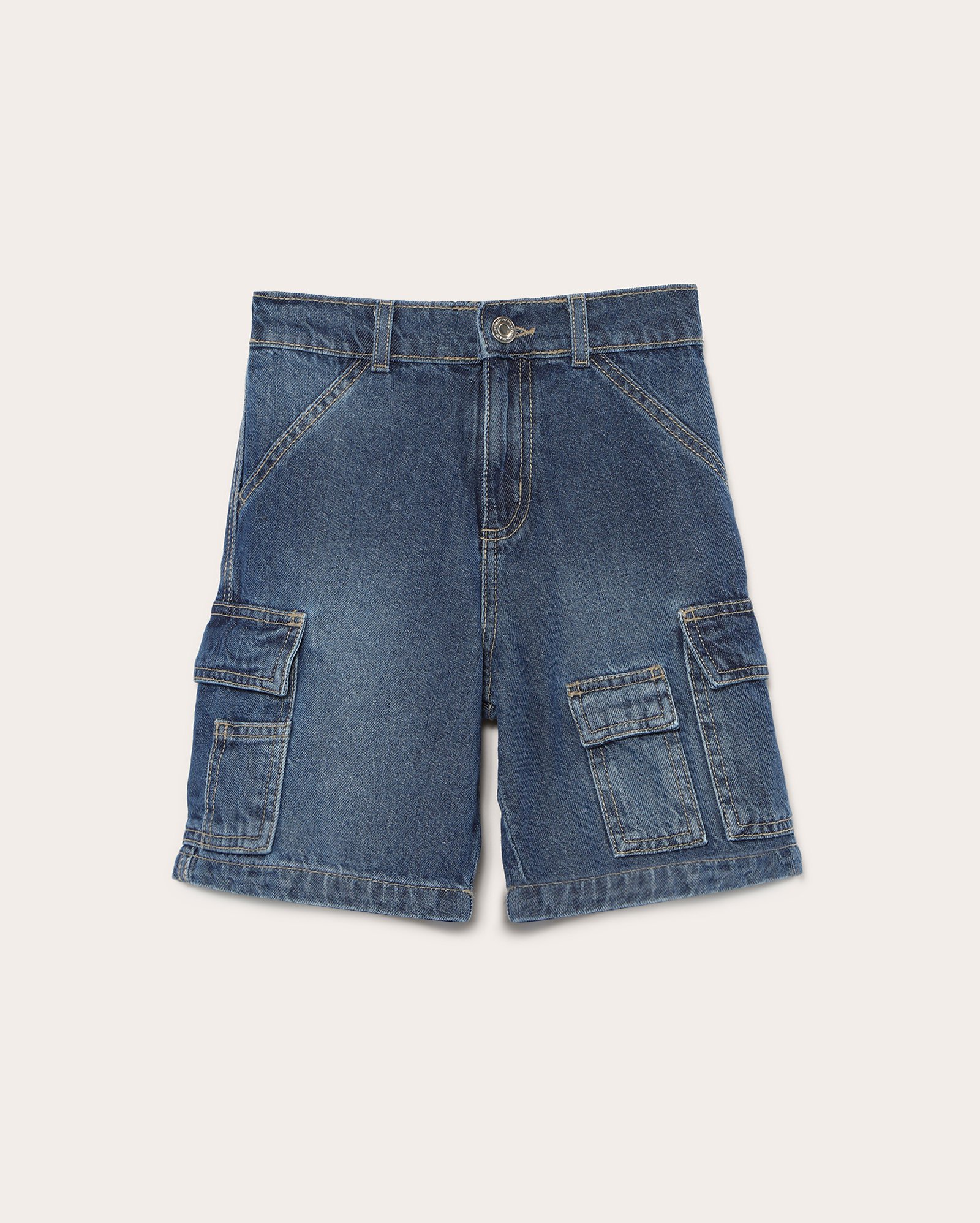 Bermuda jeans infantil reta bolsos cargo 4-10A denim escuro