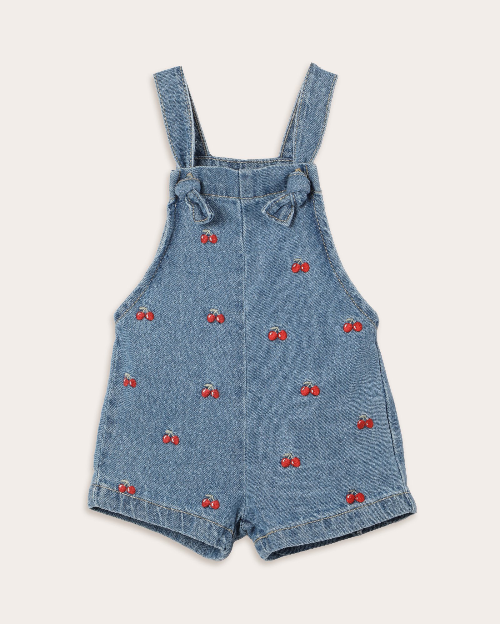 Jardineira jeans infantil bordado cerejas 1-4A - Jeans Médio