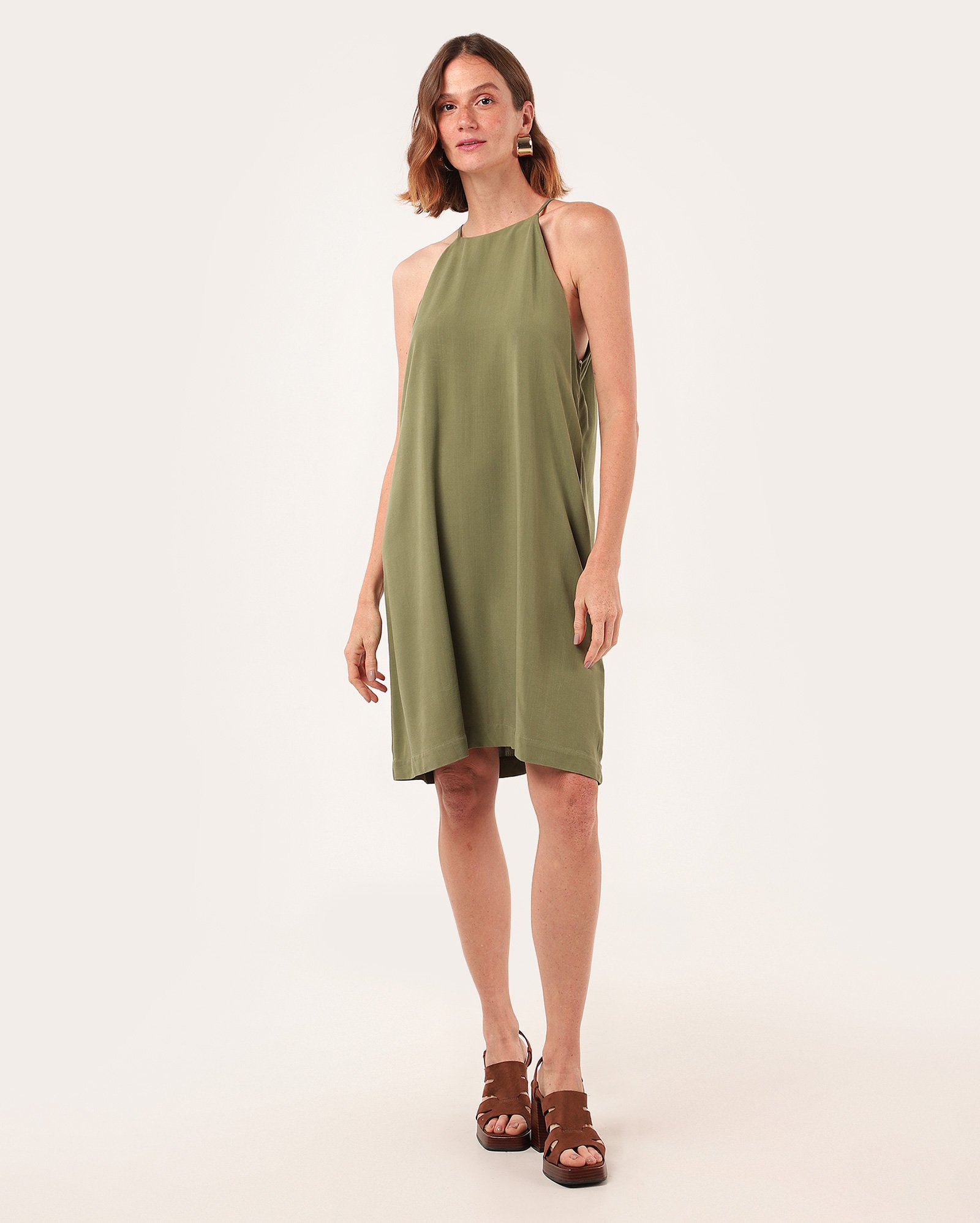 Vestido curto reto em viscose Antonia flame liso verde | Pool Basics