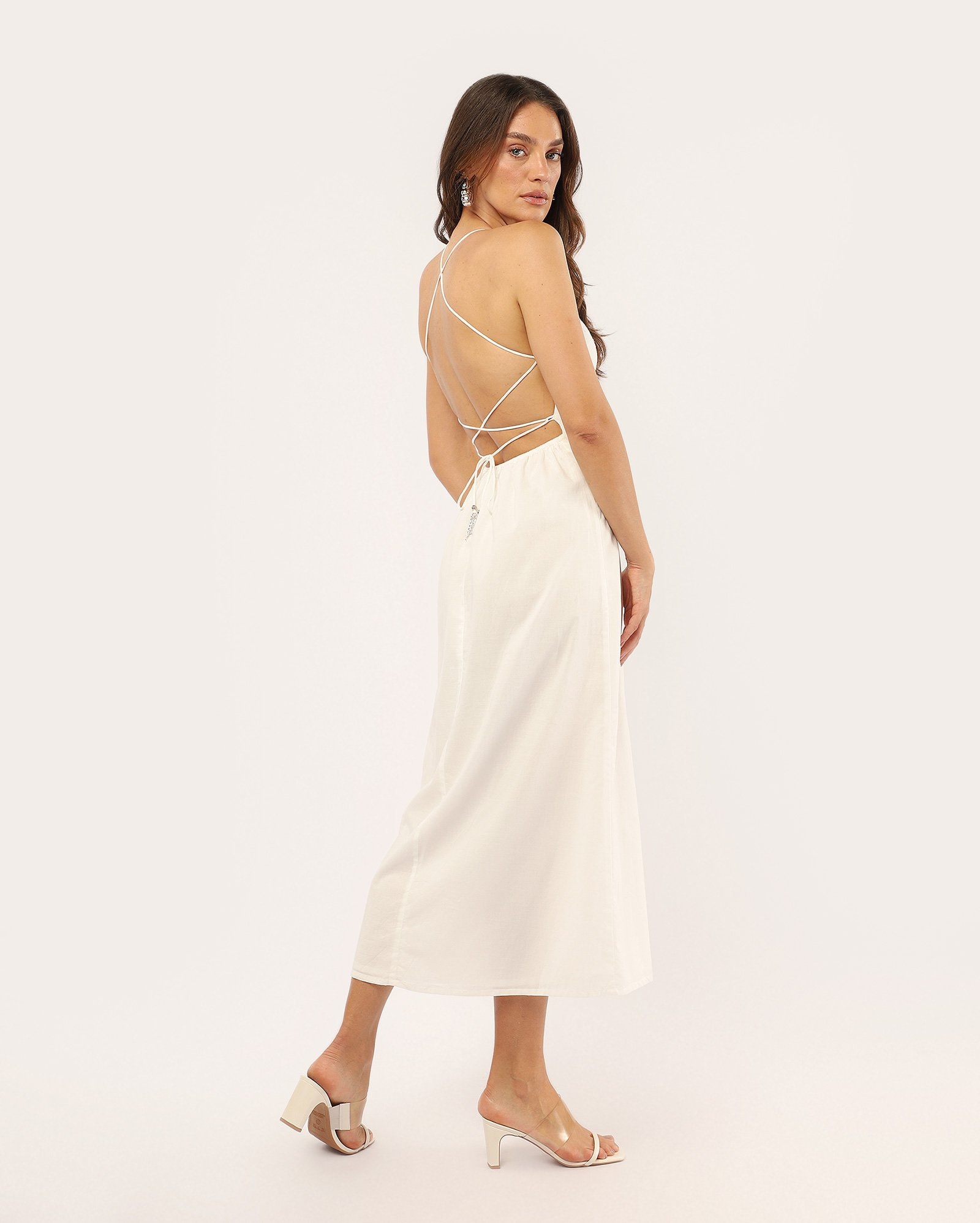 Vestido midi evasê frente única com bordado - branco — foto 5