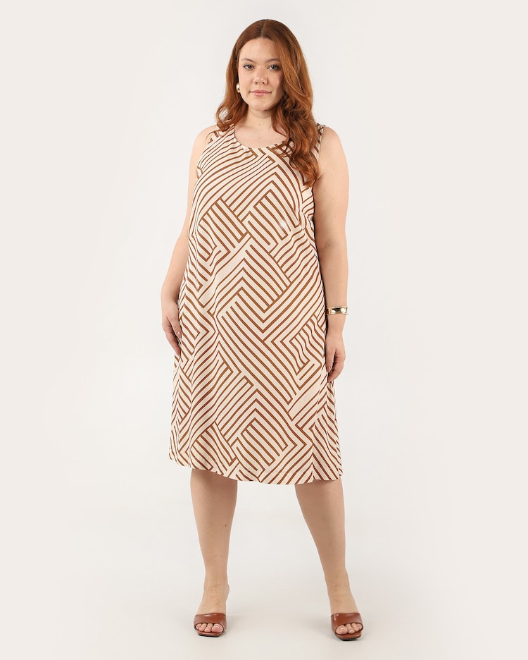 Riachuelo Vestido midi plus size Lica trapézio abstrato bege