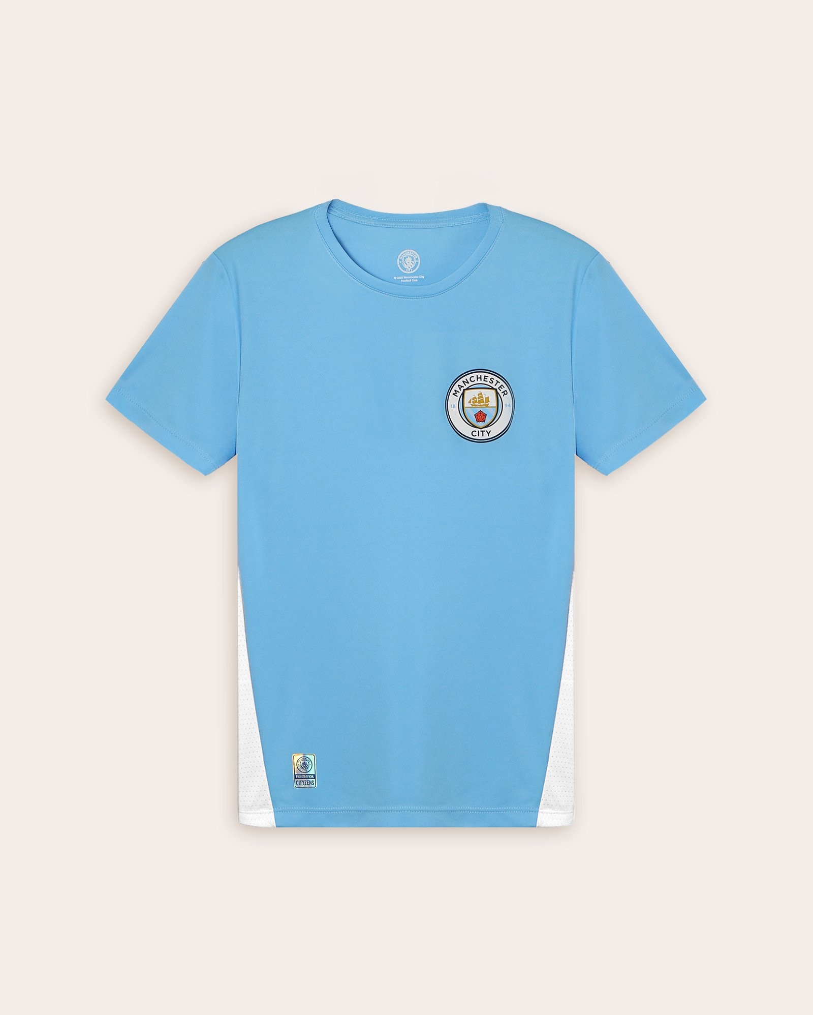 Camiseta juvenil futebol Manchester City lateral contrastante azul