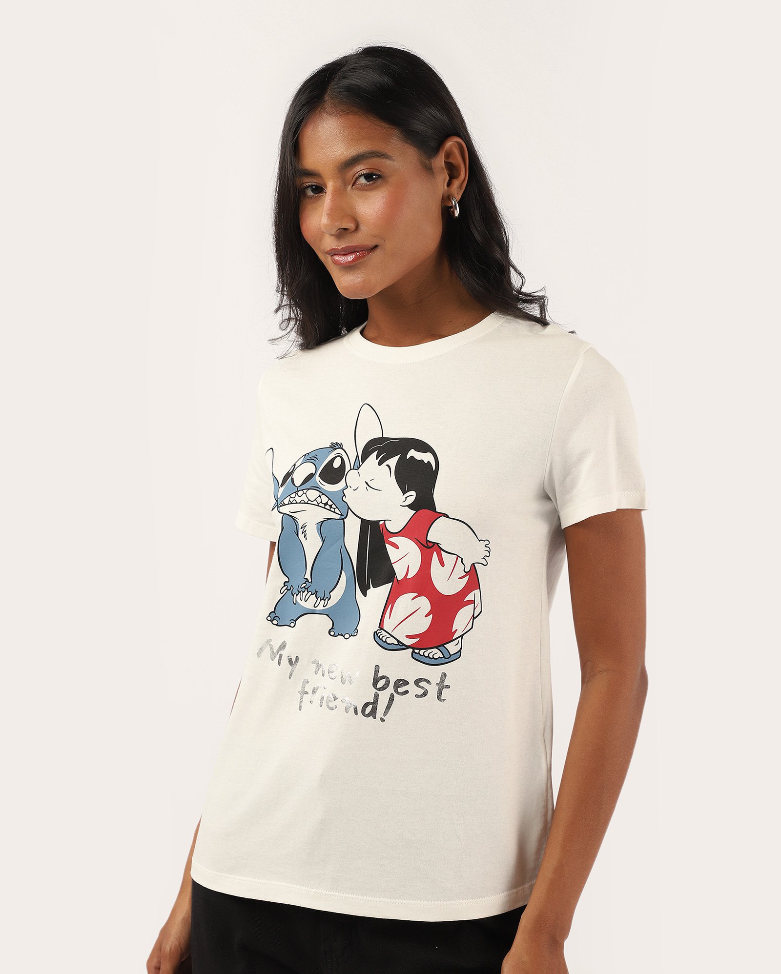 Camiseta feminina regular Lilo e Stitch off-white | Disney
