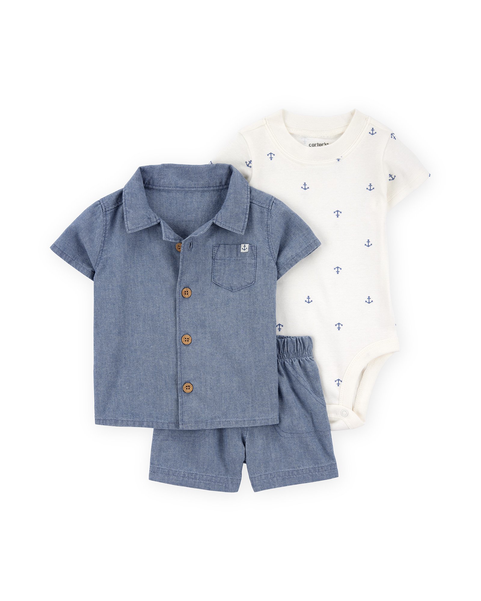 Conjunto curto bebê 3 peças com bolso âncoras multicor | Carter's