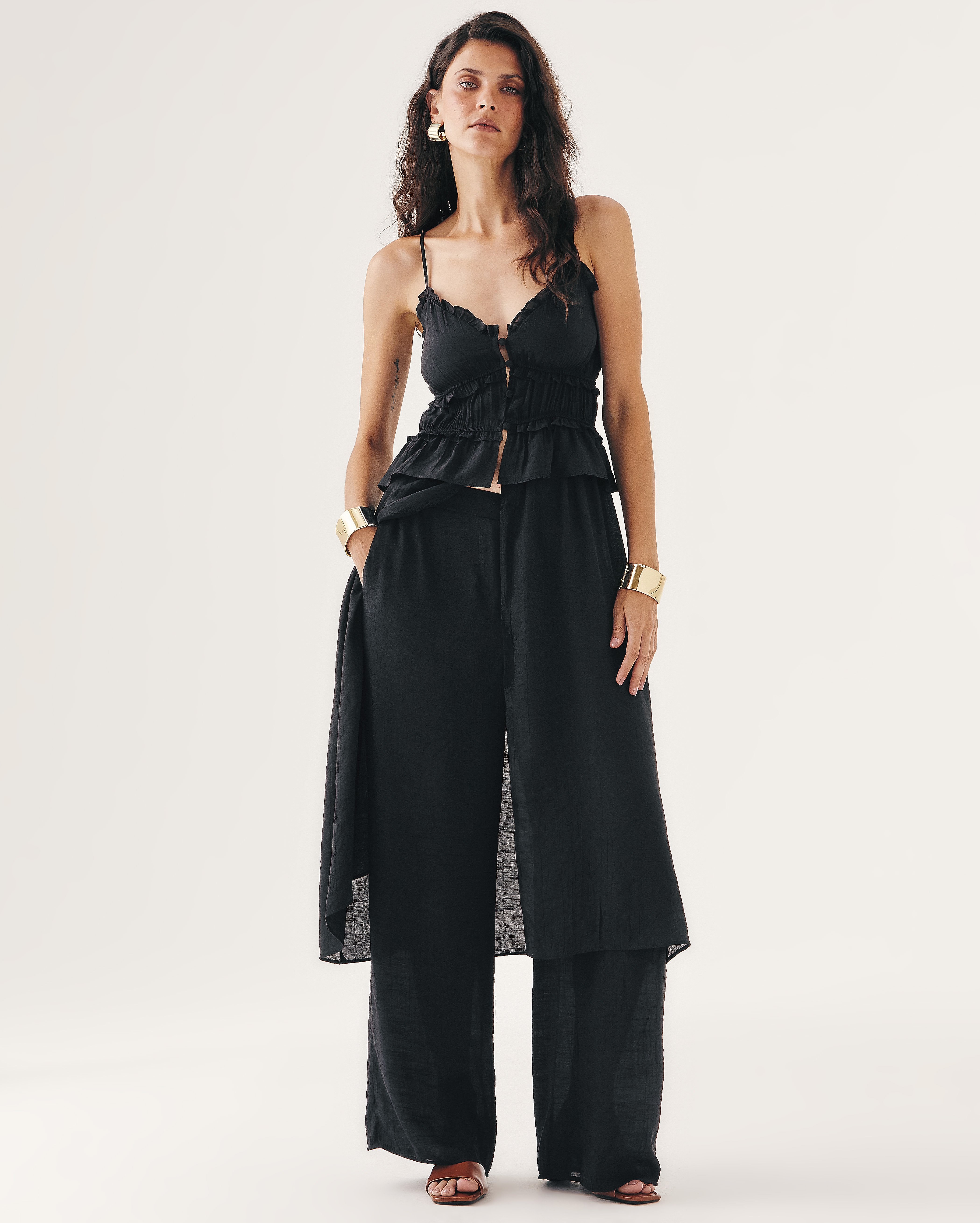 Calça feminina reta em viscose cós elástico preta | AK by Riachuelo