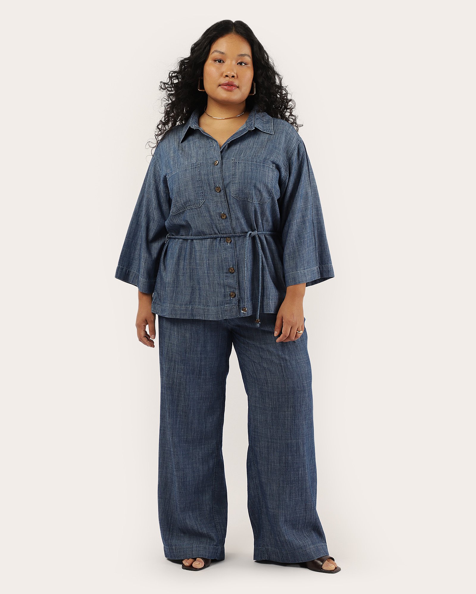Camisa plus size feminina com amarração denim médio | Pool Jeans