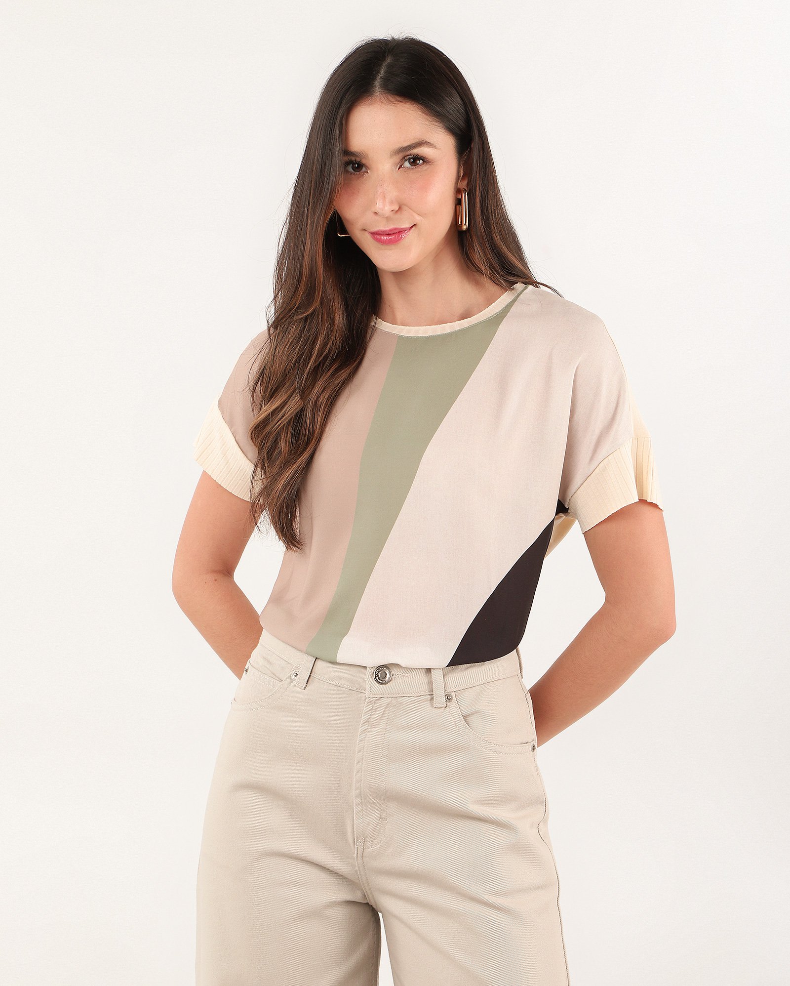 Blusa feminina Bia faixas bege | AK by Riachuelo