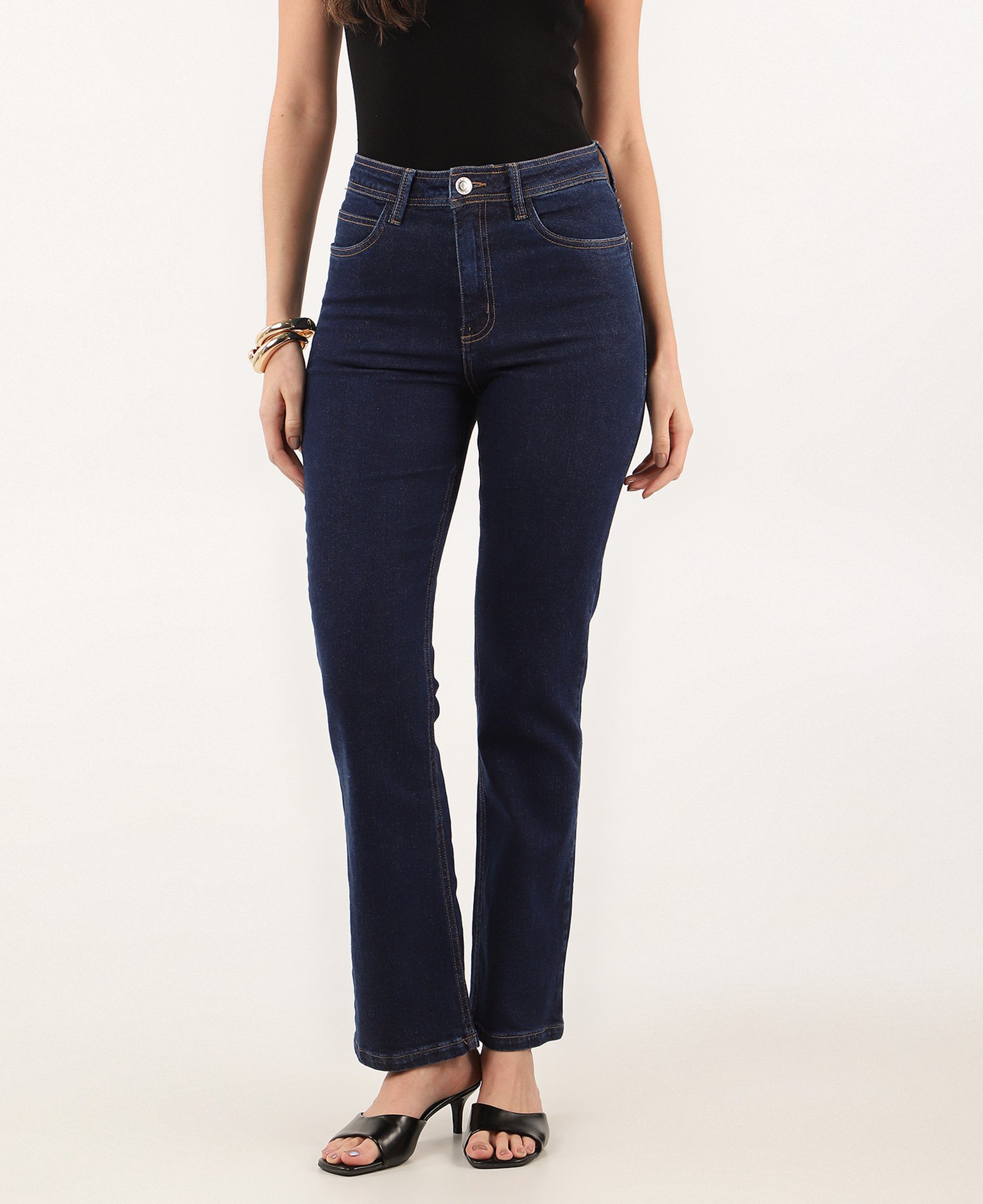 Calça jeans feminina reta slim cintura média denim escuro | Pool Jeans