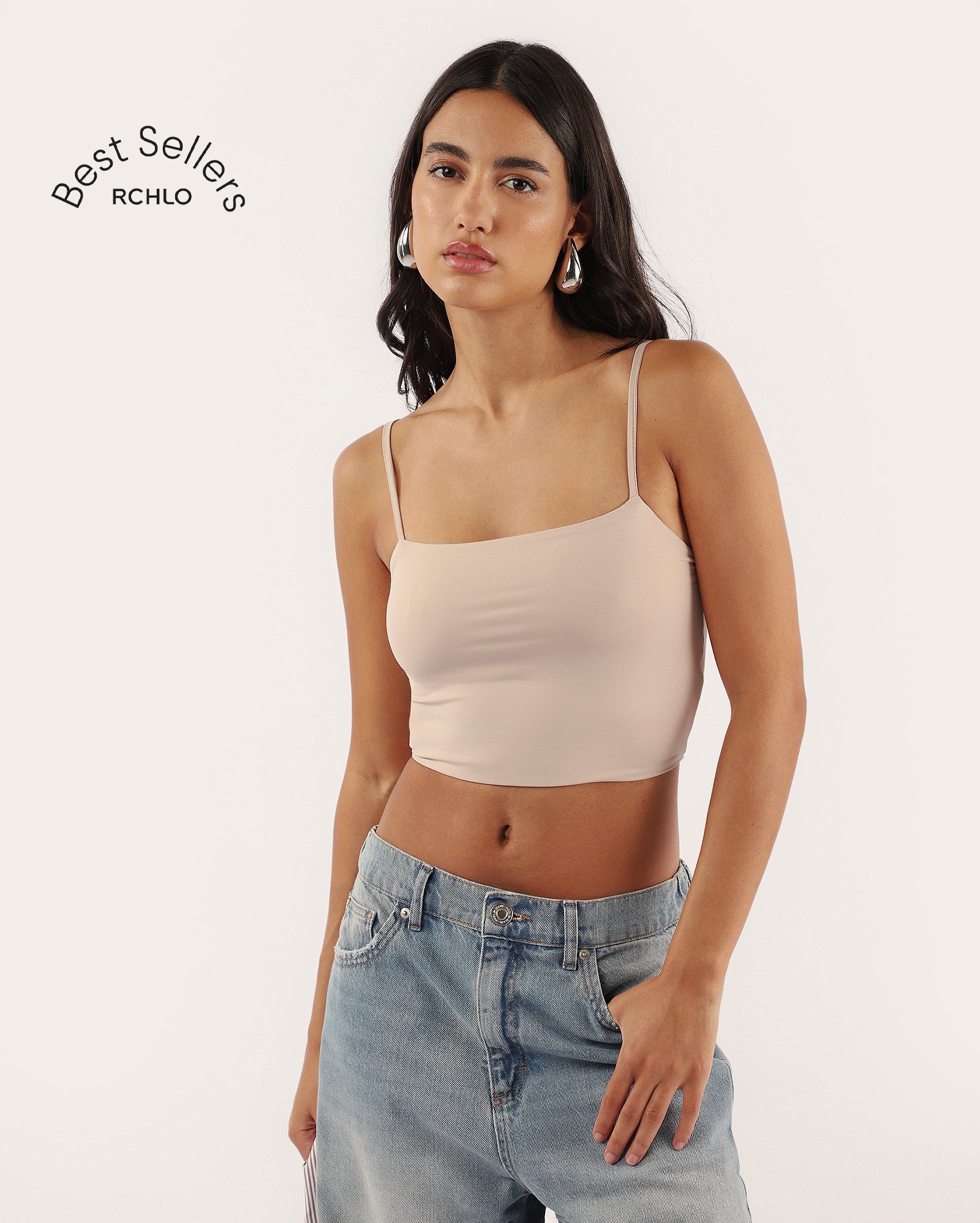 Regata cropped Maya em poliamida toque frio bege | Pool Basics