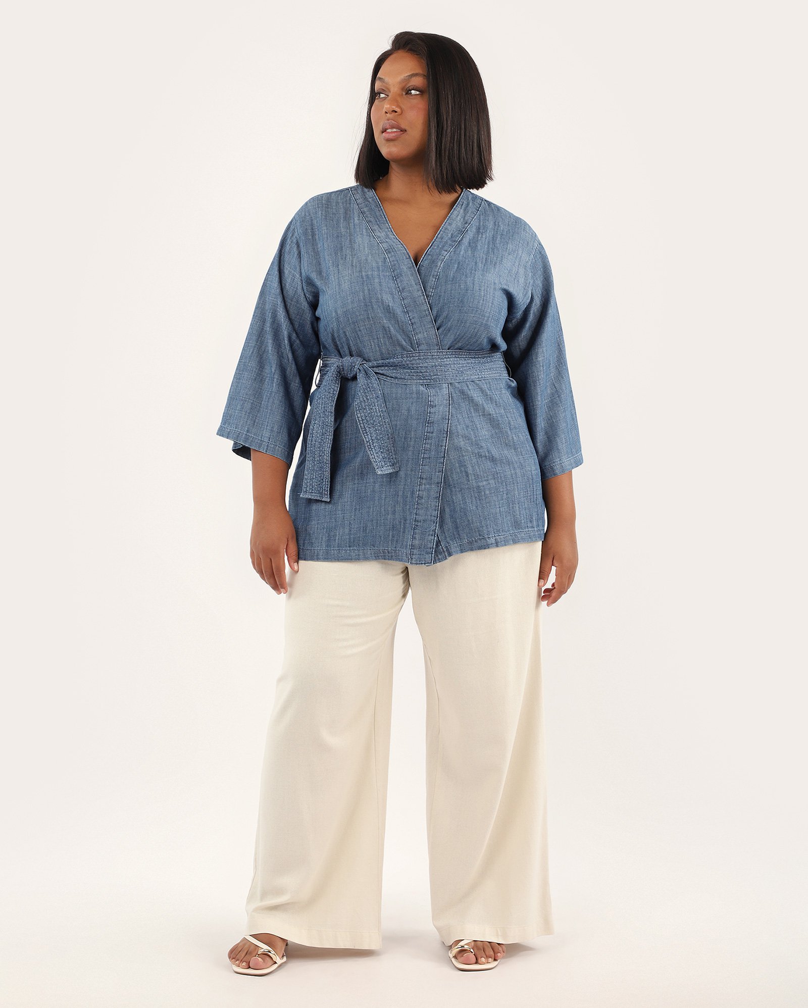 Kimono jeans plus size feminino com amarração denim médio | Pool Jeans