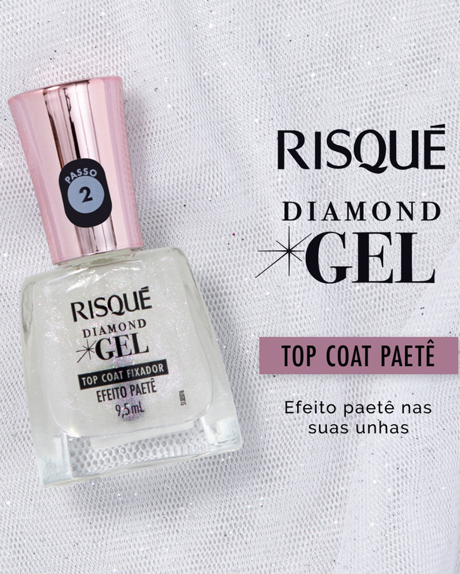 Esmalte fixador Diamond Gel Top Coat efeito paetê 9,5ml | Risqué