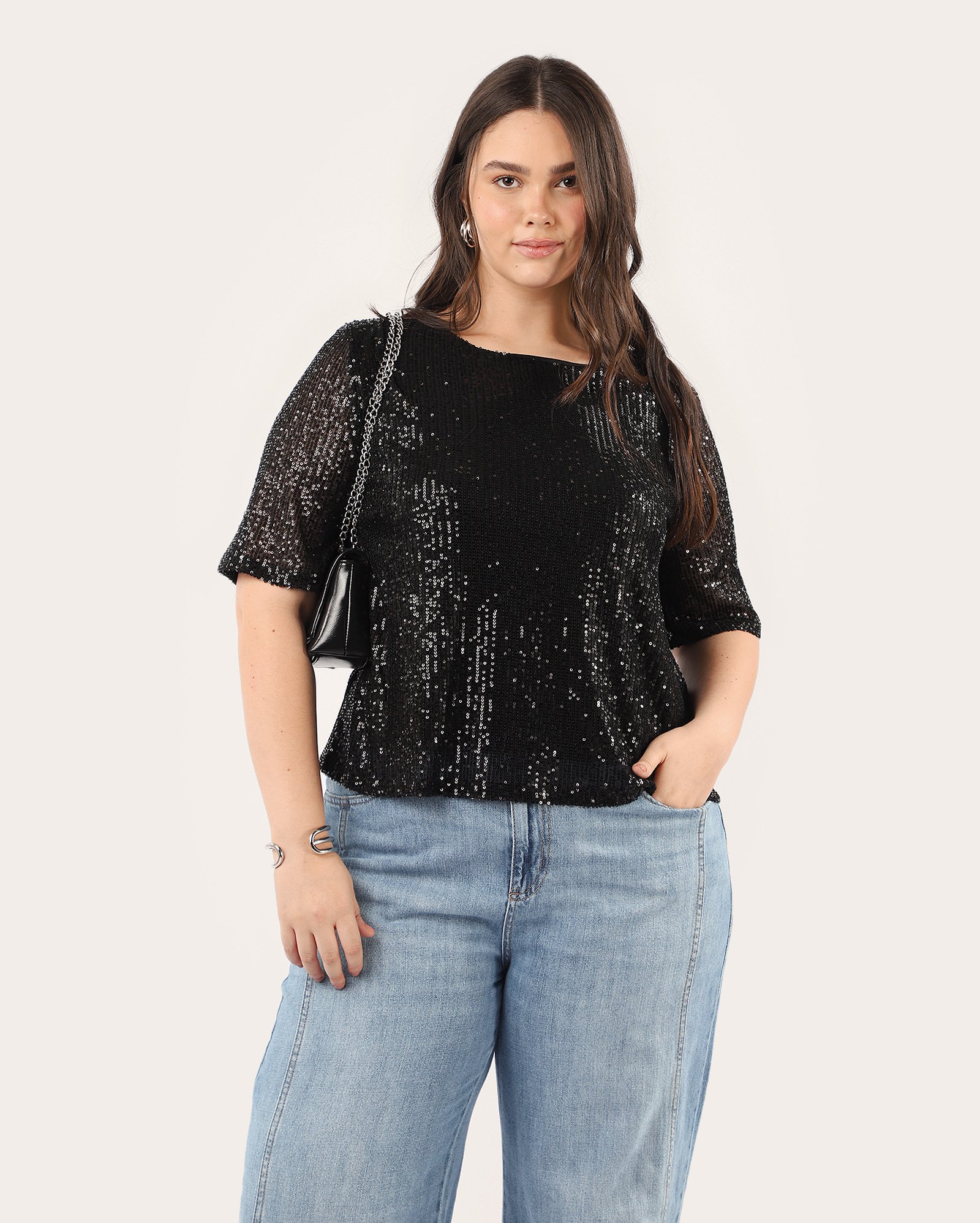 Blusa plus size feminina ampla em paetê