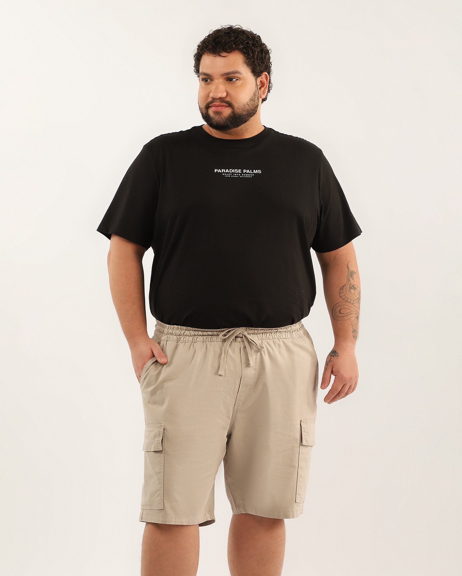 Bermuda sarja masculina plus size reta cós elástico cargo bege