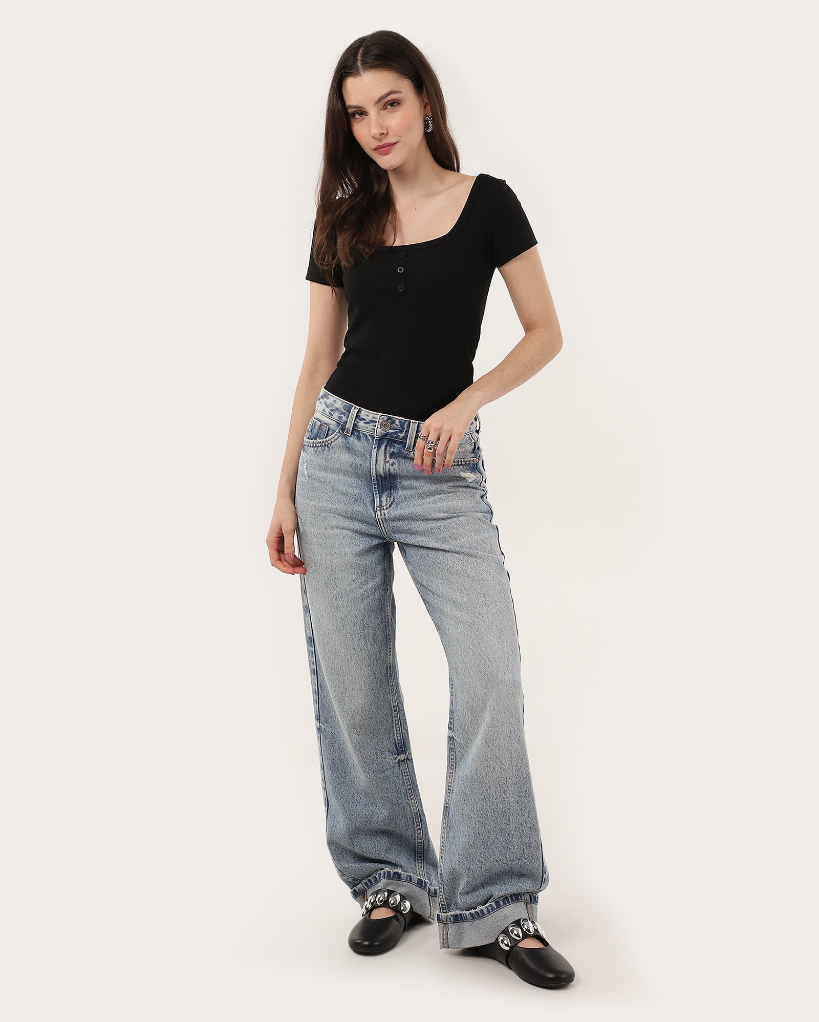 Blusa feminina Flavinha canelada com botões - Preto | Pool