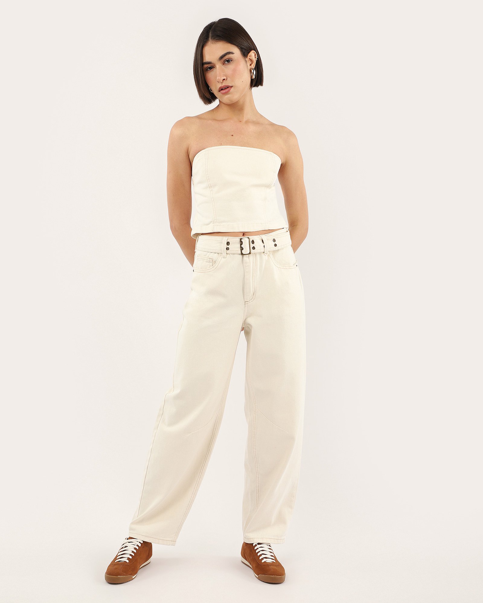 Calça sarja feminina barrel cintura média bege | Pool Jeans