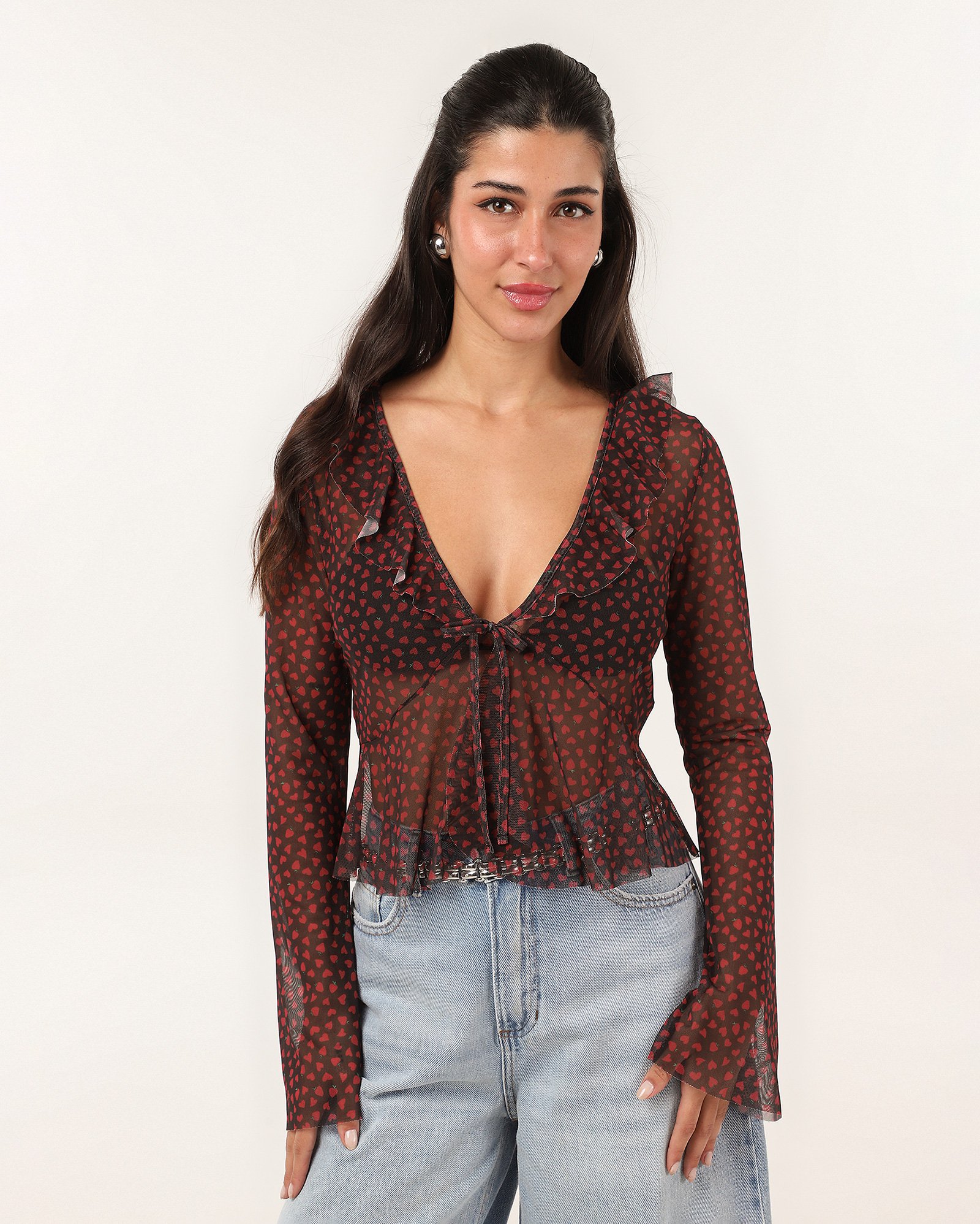 Blusa feminina em tule ampla com laço e babados - Multicor