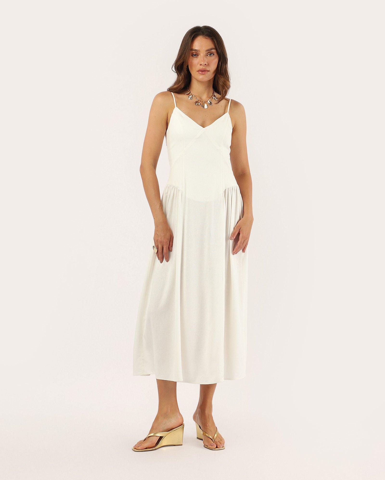Vestido midi evasê em viscolinho - off-white