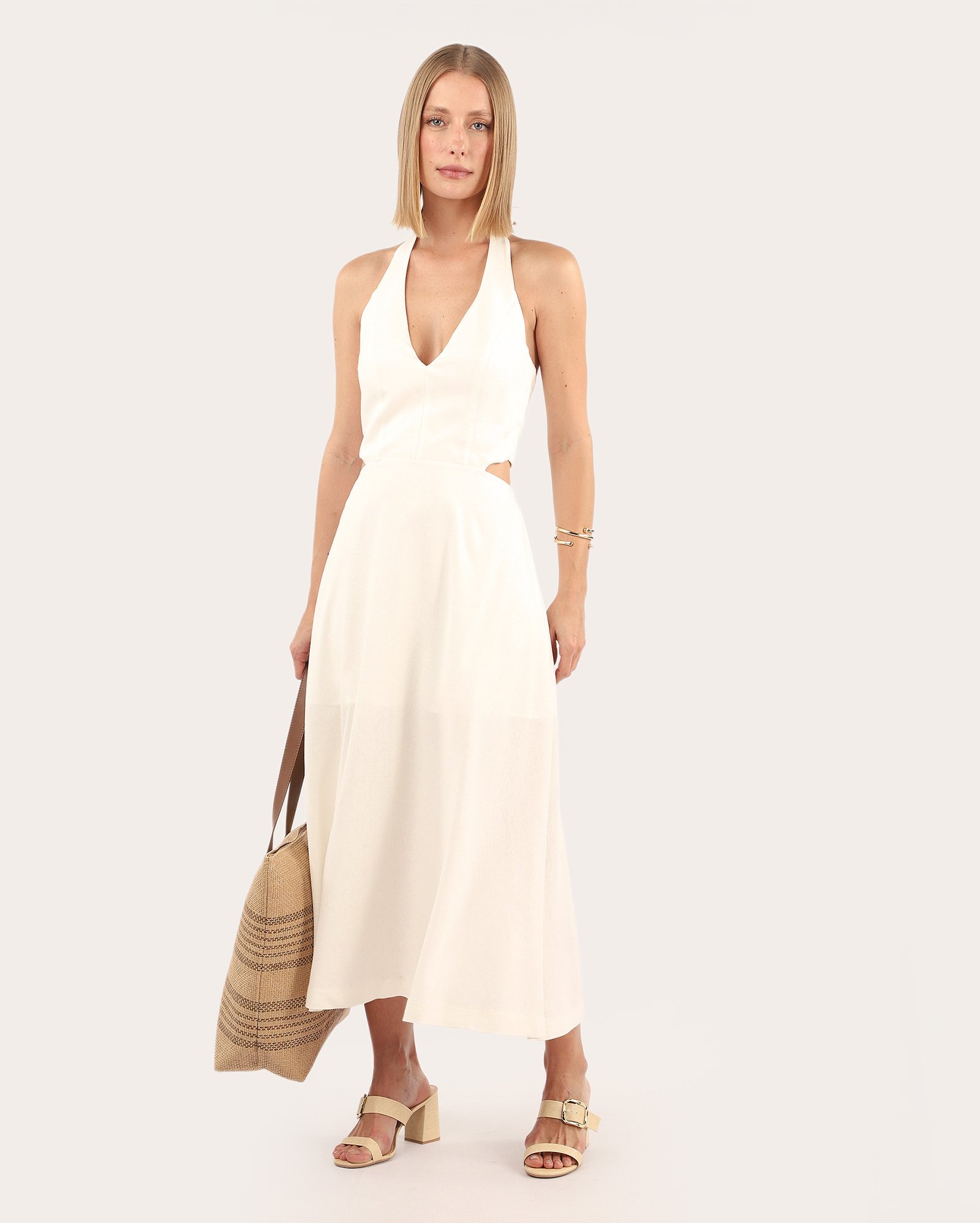 Vestido midi frente única em viscolinho off-white